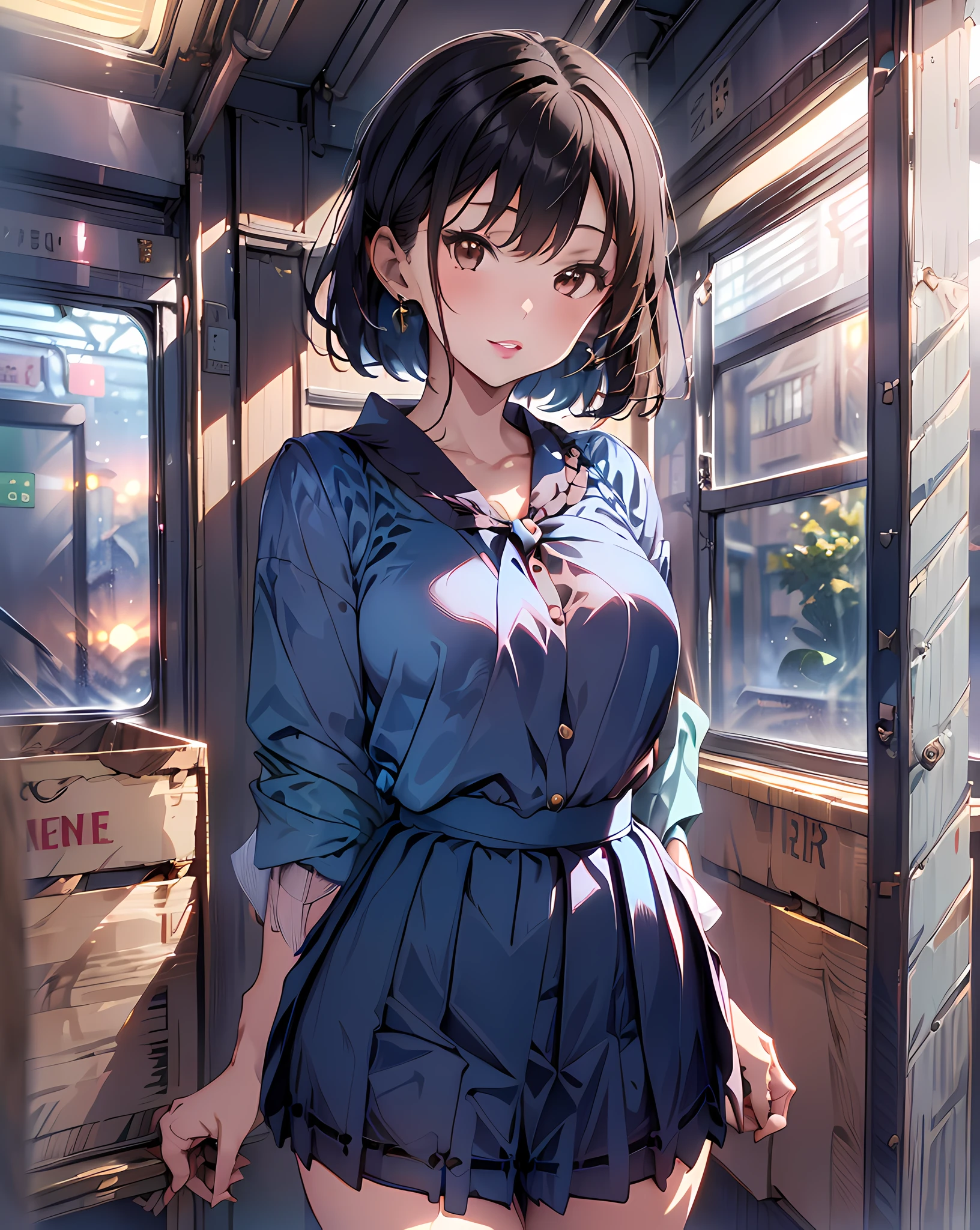 (((Head out of frame:1.5, close-up lips:1.5))), (masterpiece, best quality:1.37), highres, ultra-detailed, ultra-sharp, BREAK, Korean school idol, (((1girl:1.37, solo))), (beautiful anime face, cute face, detailed face), (black hair, thin hair, short hair, bangs, hime-cut), detailed beautiful cyan eyes, BREAK, ((detailed blue satin blouse:1.5), (detailed short box skirt:1.5)), BREAK, lovely look, water melon earing, detailed clothes), light smile, closed mouth, parted lips, pink lipstick, BREAK, ((standing, arms behind back,:1.3, cowboy shot)), detailed human hands, HDTV:1.2, ((detailed sunset NY downtown in the train view background:1.3)), 8 life size, slender, anime style, anime style school girl, perfect anatomy, perfect proportion, inspiration from Kyoto animation and A-1 picture, late evening, excellent lighting, bright colors, clean lines, photorealistic
