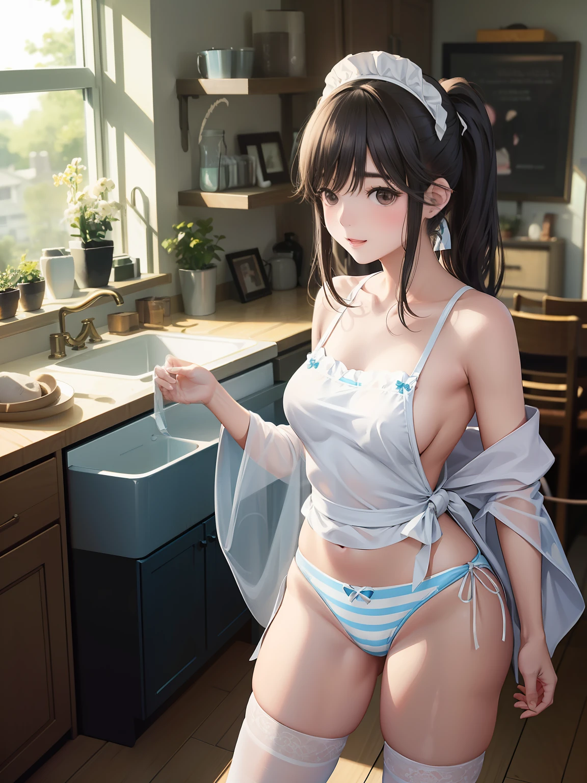 (​masterpiece), (Top image quality), (ultra-definition), (Best Illustration), (Best Shadow), 超A high resolution, (Photorealsitic:1.4), 1 girl at home, Modern bright western home kitchen、、((the udder is covered with a transparent white apron,,,,、The apron is adorned with pleated shoulder straps and white heart-shaped pockets)), 鎖骨, (Soft big、small areola and protrusion,,,,,,), (A dark-haired、poneyTail、Head dress、bangss), see the beholder,Soft and huge、(A slight smil、Shy laughter)、soft and big buttocks、(Female genitalia are covered with white and light blue striped low-leg panties、Low cut small transparent panties)、