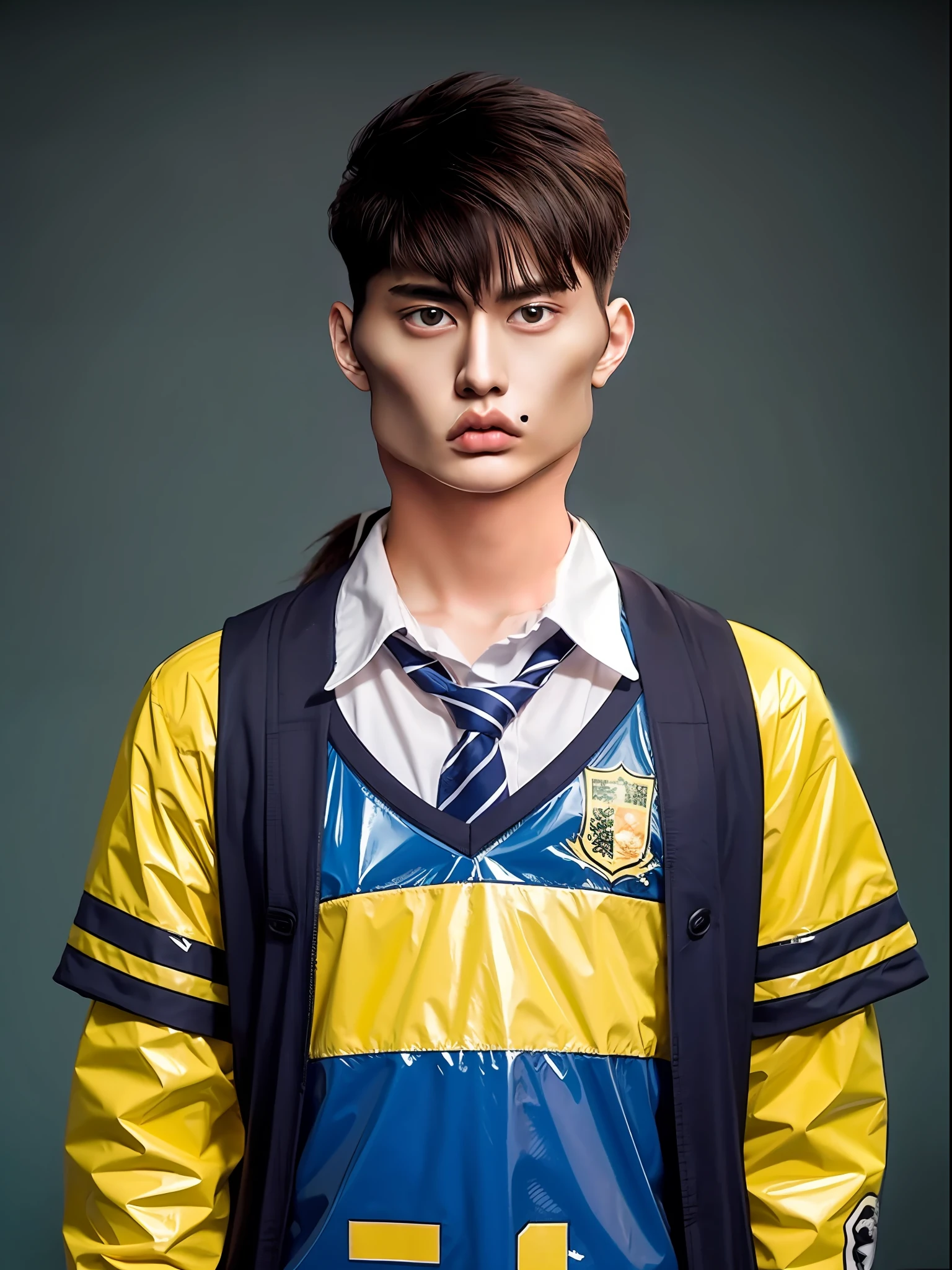 Chinese male high school student，Wear a yellow and blue PVC school uniform