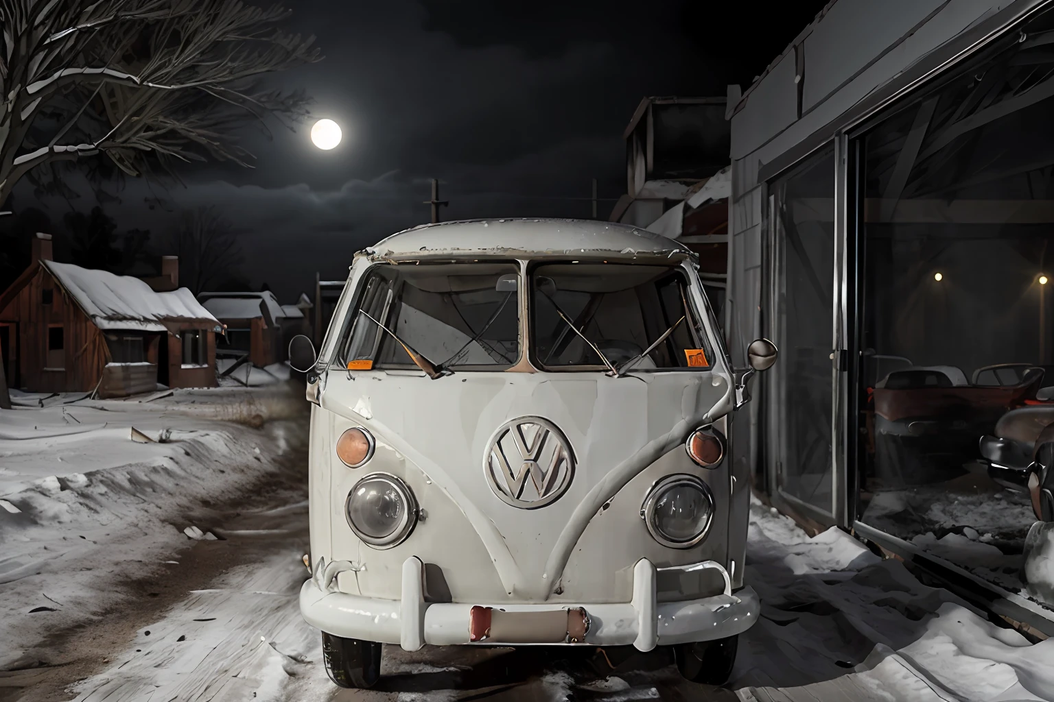 analog gloomy photo of an (orange) volkswagen kombi,  ((haunted house:1.0)), (walking dead:1.0), zombie apocalypse, (abandoned town at (midnight)), (full moon), (winter), (snow), ((horror movie)), ((nighttime)), lost in the wood, ruins, dilapidated buildings, High Detail, Sharp focus, (photorealism), realistic, best quality, 8k, award winning, dramatic lighting, epic, cinematic, masterpiece, rim light, ambient fog:1.5, dutch angle,