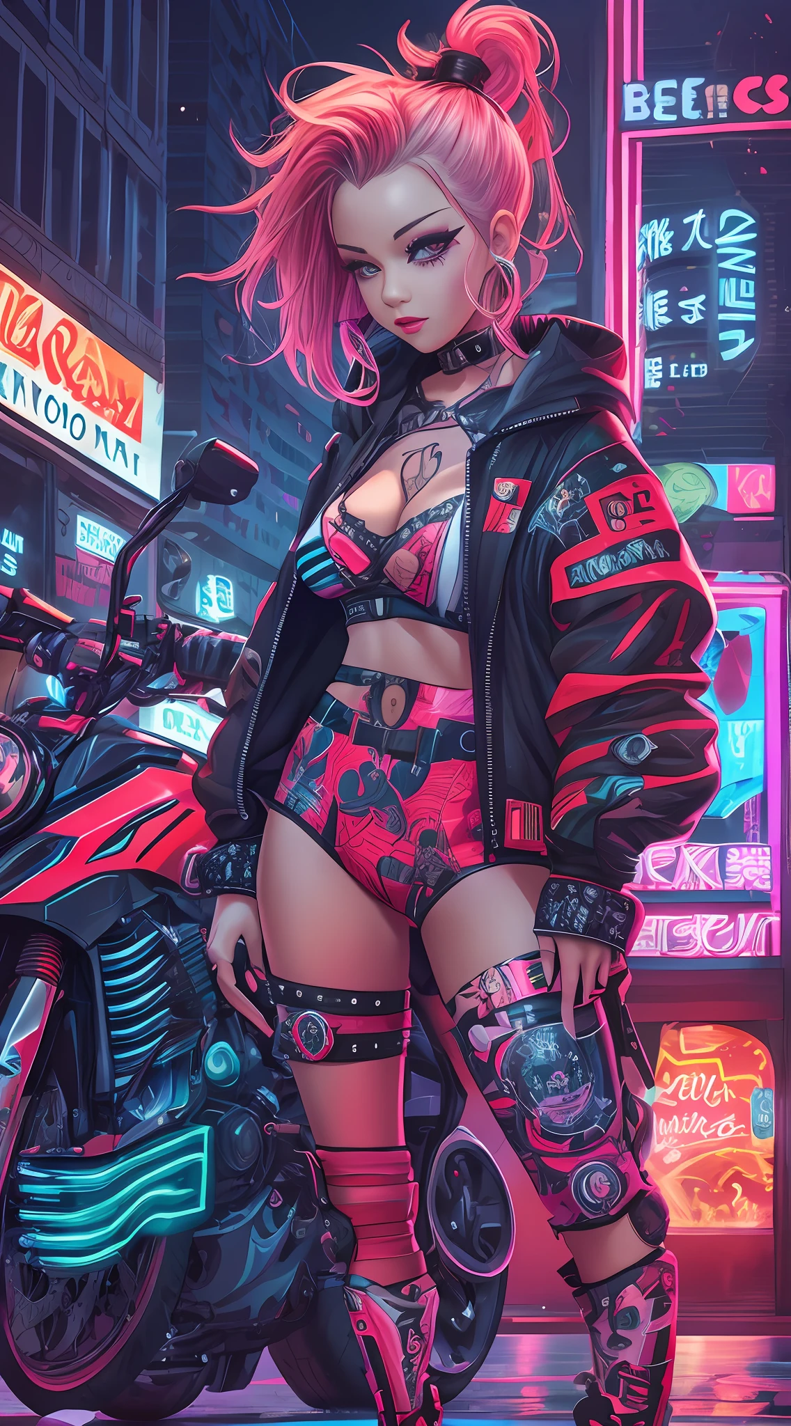 masterpiece, best quality, 1 cyberpunk girl, full body shot, standing in front of motorcycle, looking at viewer, Confident cyberpunk girl with sassy expression, Harajuku-inspired pop outfit, bold colors and patterns, eye-catching accessories, trendy and innovative hairstyle, vibrant makeup, Cyberpunk dazzling cityscape, skyscrapers, neon signs, LED lights, bright and vivid color scheme, anime, illustration, detailed skin texture, detailed cloth texture, beautiful detailed face, intricate details, ultra detailed.