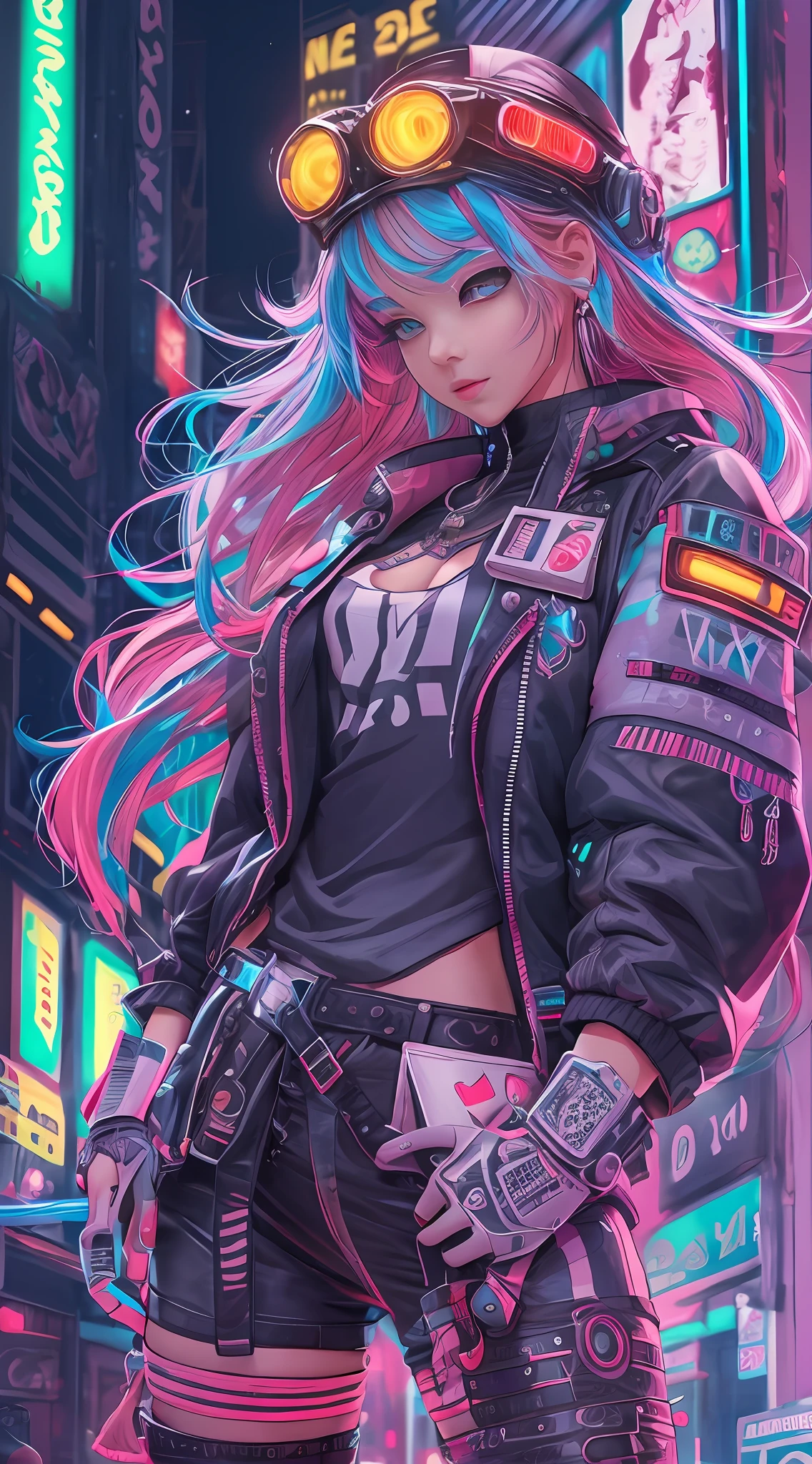 masterpiece, best quality, 1 cyberpunk girl, full body shot, standing in front of motorcycle, looking at viewer, Confident cyberpunk girl with sassy expression, Harajuku-inspired pop outfit, bold colors and patterns, eye-catching accessories, trendy and innovative hairstyle, vibrant makeup, Cyberpunk dazzling cityscape, skyscrapers, neon signs, LED lights, bright and vivid color scheme, anime, illustration, detailed skin texture, detailed cloth texture, beautiful detailed face, intricate details, ultra detailed.