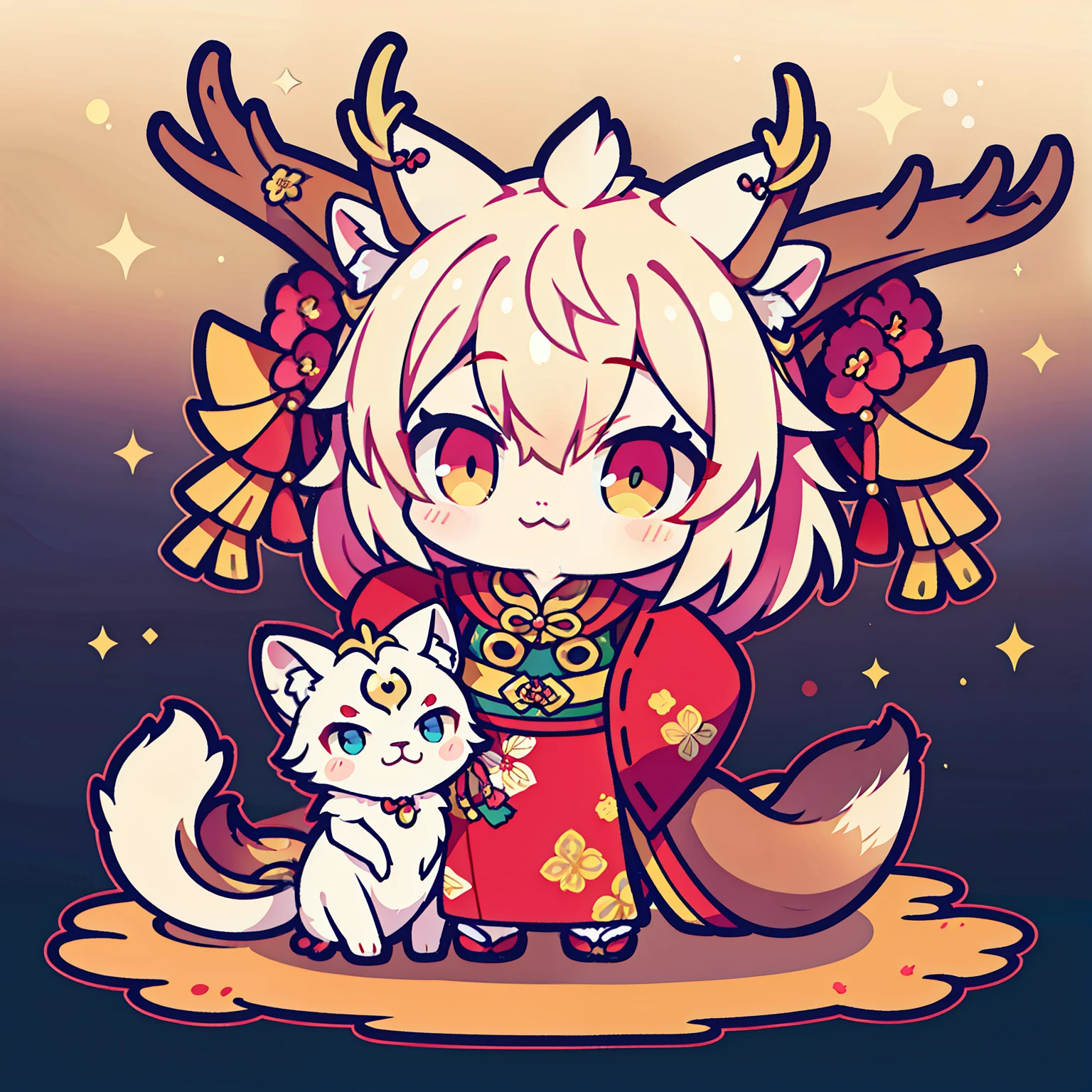 Double antlers，The tail of a lion，Fuchsia Chinese style clothing，golden hair，Surrounded by colorful mushrooms，In the lower left corner is the little Kirin, who has always been cute