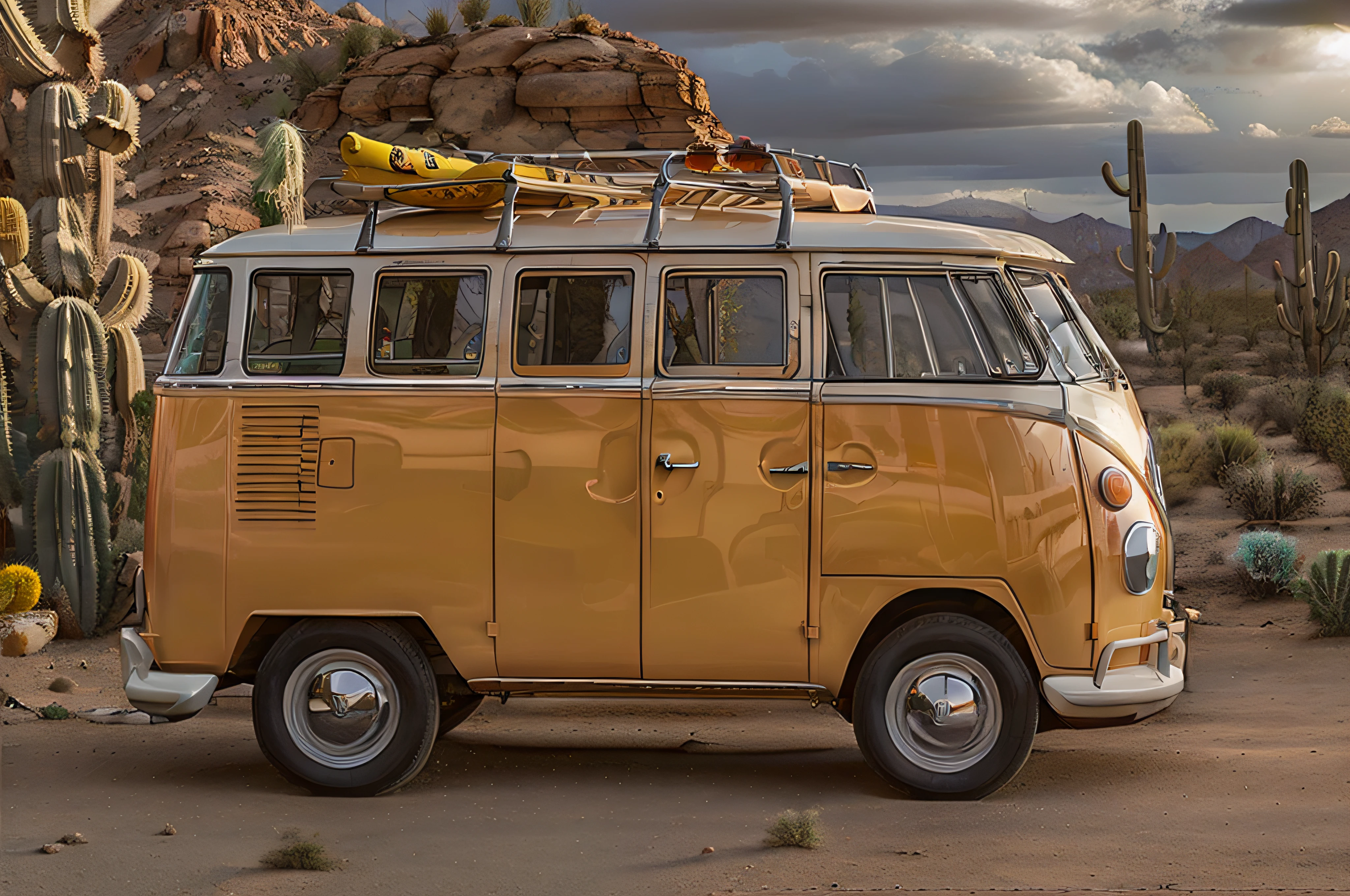 a volkswagen kombi ORANGE AND YELLOW COLOR rolling in a desert WITH CACTUS ,chiaroscuro