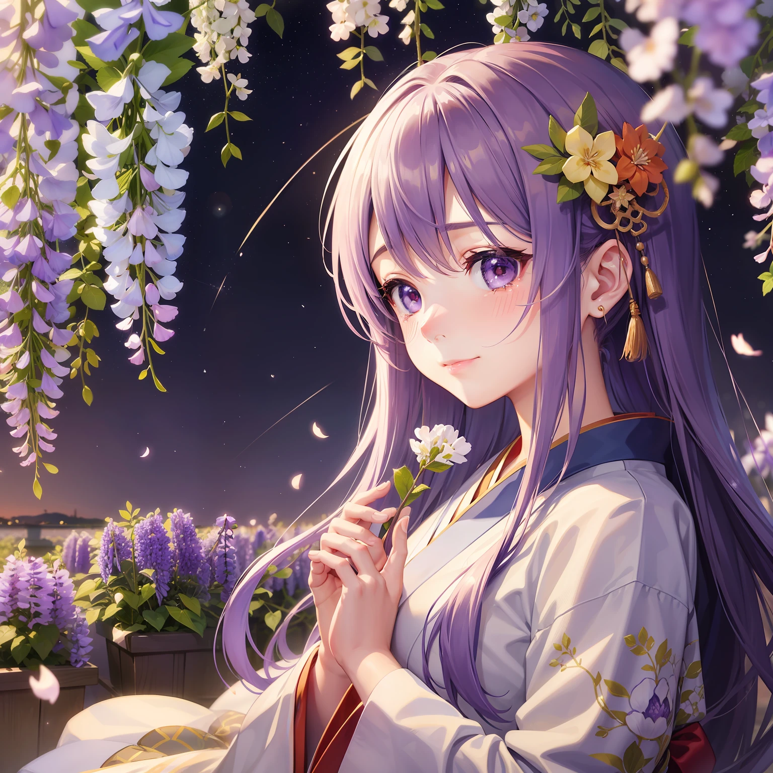 Wisteria flowers、A Japanese style、femele、A slight smil、kindness、under the starry sky、Holding back tears。