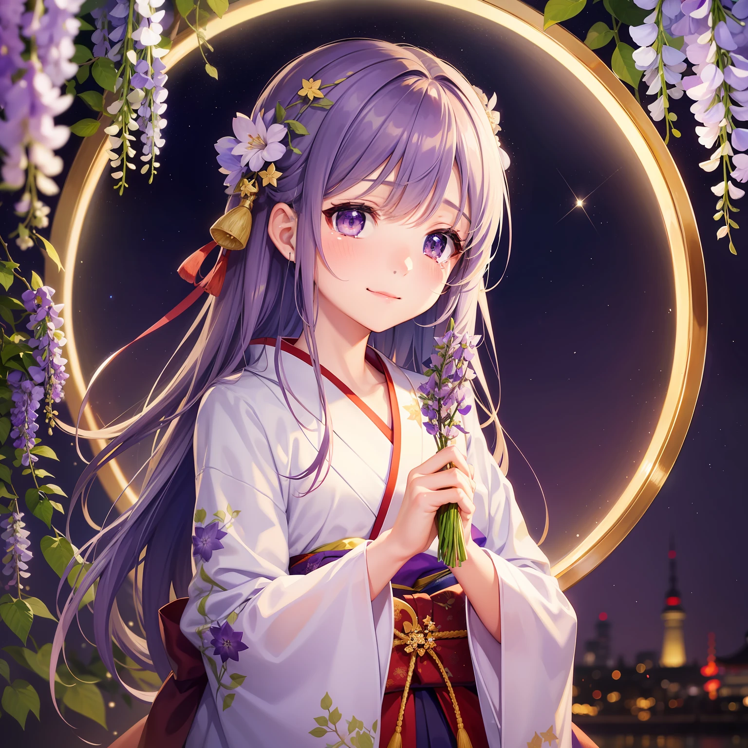 Wisteria flowers、A Japanese style、femele、A slight smil、kindness、under the starry sky、Holding back tears。