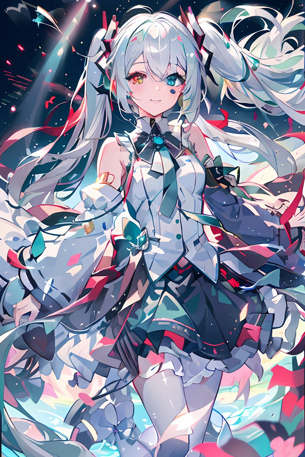 masterpiece, best quality, ultra-detailed, illustration, an extremely delicate and beautiful,
1girl, solo, light smile,
Hatsune Miku,twintails,(live stage), Particles of Light, ((white hair)), ((((heterochromia)))), ((red eye)), green eye