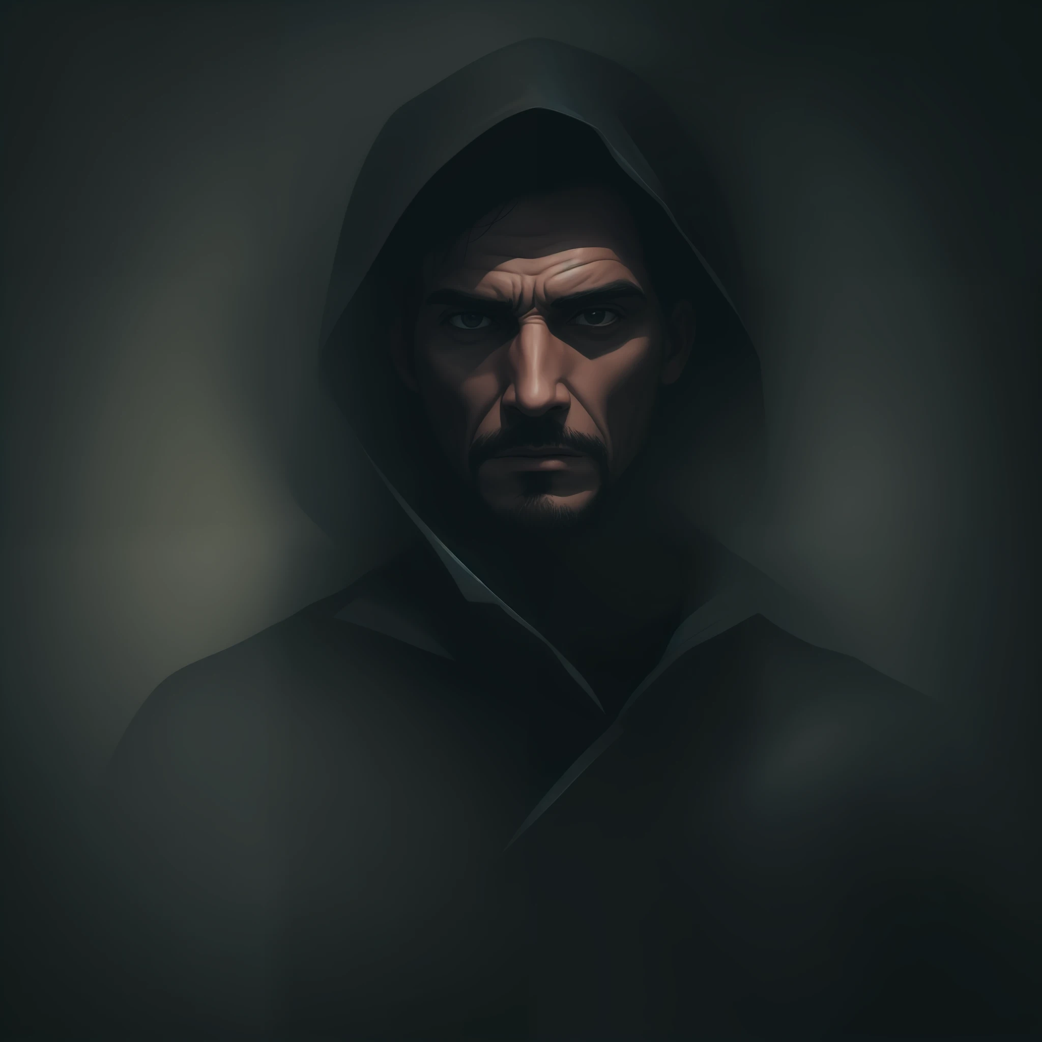 Homem encapuzado, rosto escondido, ambiente escuro, misterioso.