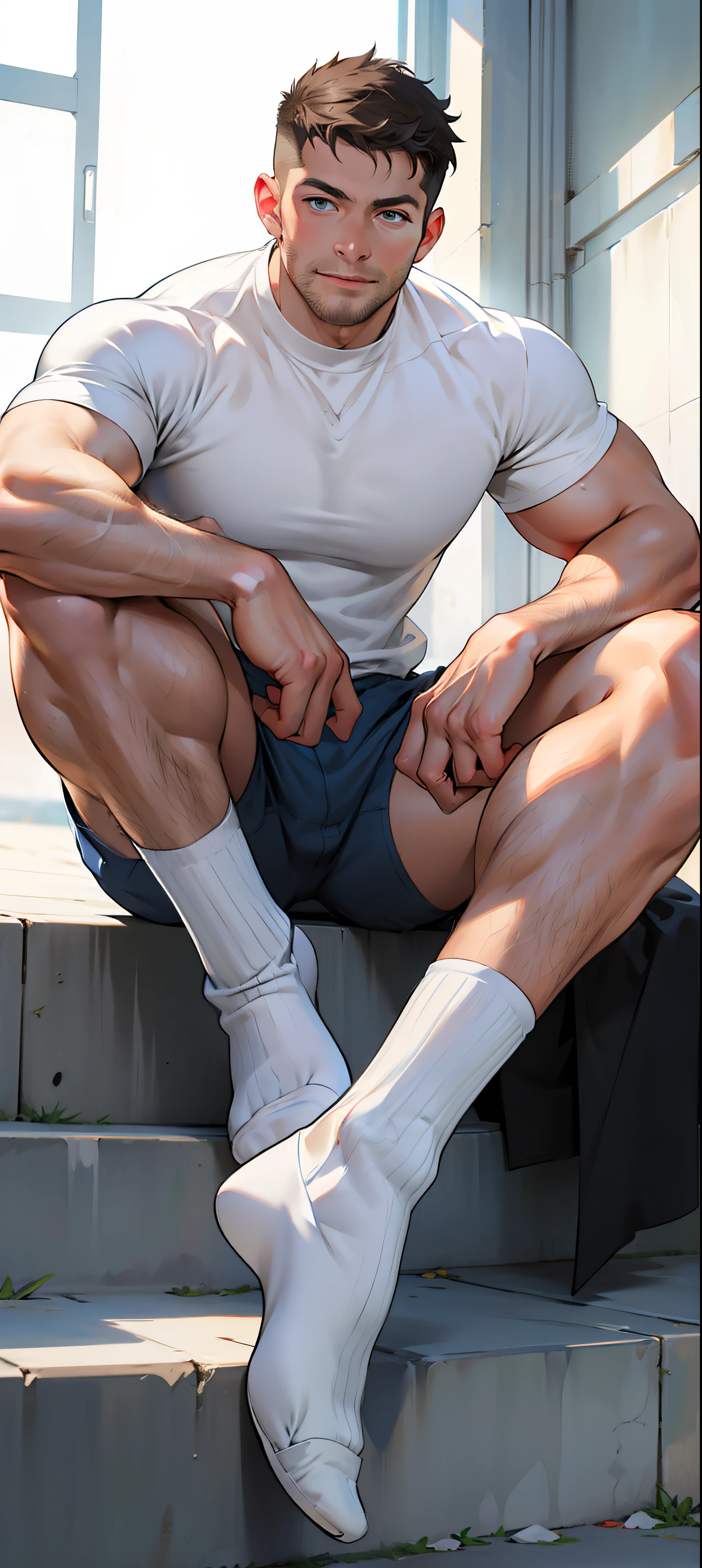 masterpiece, best quality, face, natural eyes, 1man, european, big feet, white socks, full body, long legs, looking at viewer, 30 years old, muscled and mature, only wearing underwear, short haircut, blue eyes,