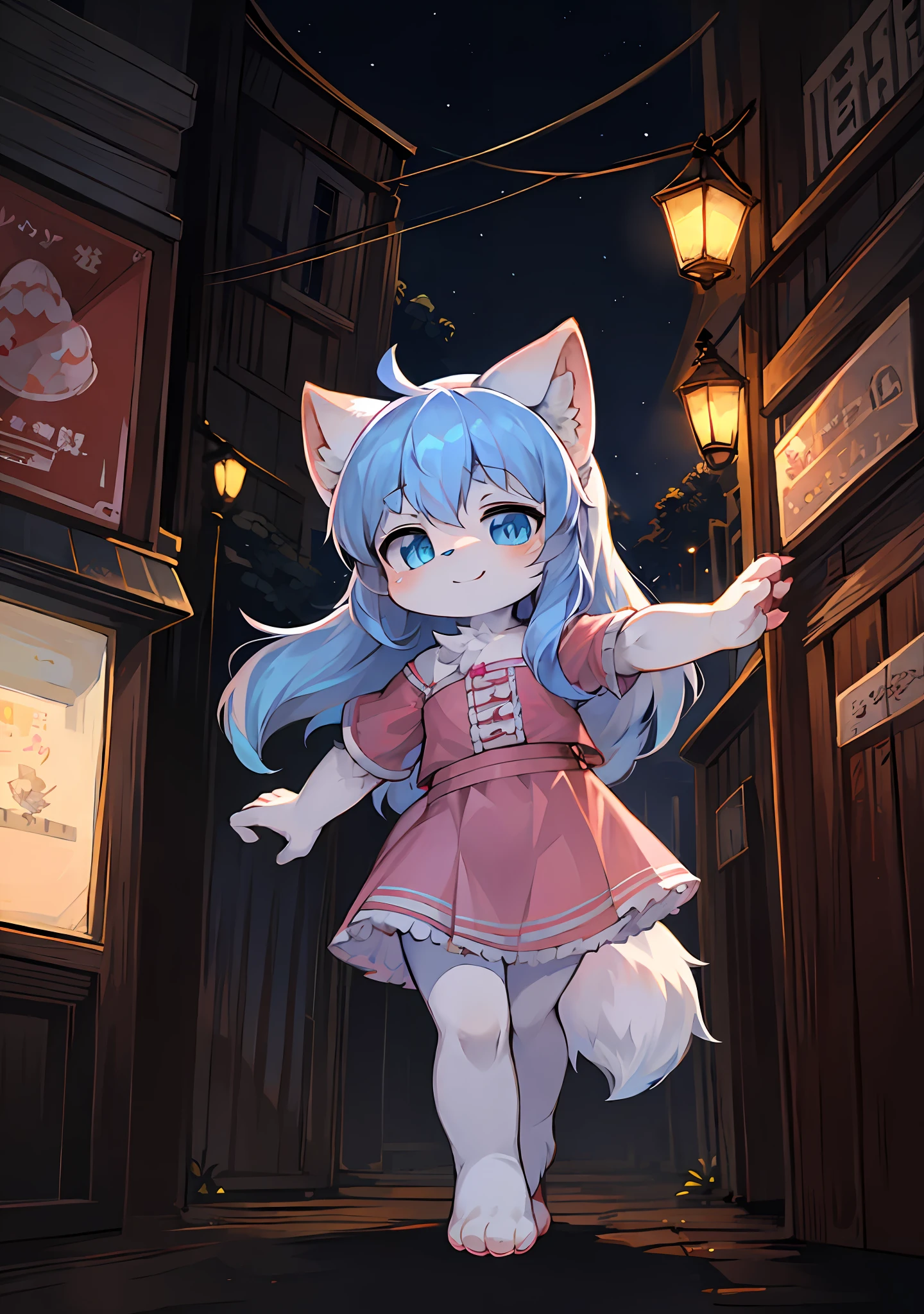 Furry girl,Fluffy tail,Delicate bright blue eyes,Emphasis on white fur,Delicate fur,Cute toddleShort pink skirt,Young,Petite and cute emphasis,Walking posture,Detailed characters,A smile on his face(1.2),Pink meat pad,Enhance long-haired animals,clawed paws(1.2),the night,borgar(1.1)。