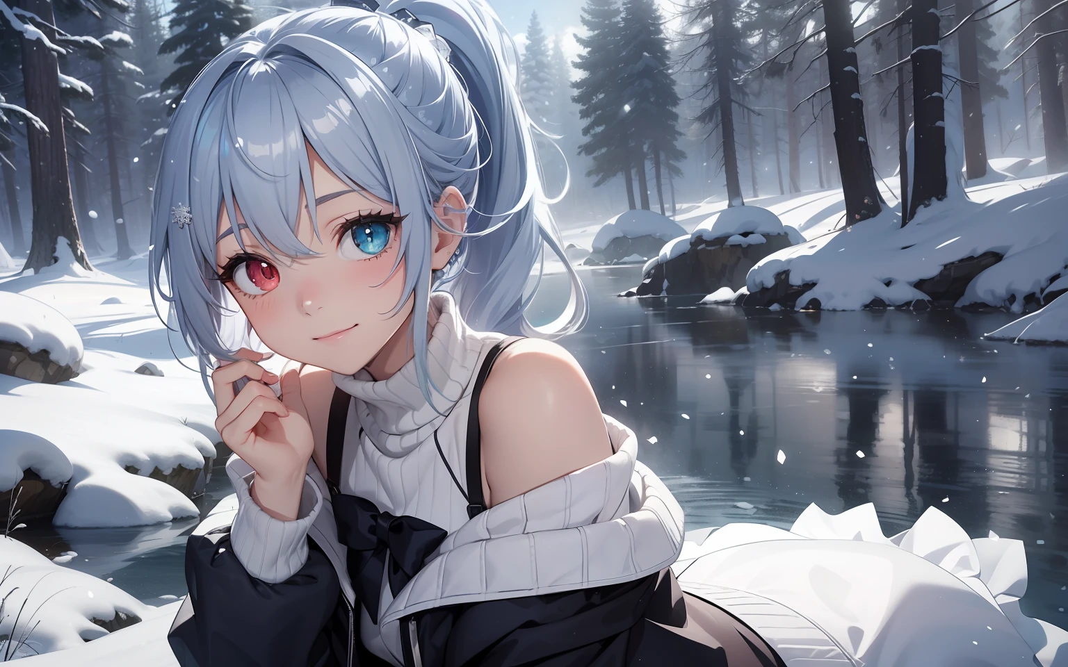 top-quality、Photorealsitic、The ultra-detailliert、Delicate、orderly、High Details、bluish-silver ponytail、(Drooping heterochromia iris:1.3)、Gamine、10yaers old、embarrassed from、A smile、A slender、cowboy shot、blured background、(1 girl in:1.1)、GameCG、dynamic ungle、(radiant eyes:1.2)、Ambient Occlusion、ambient lights、ray trace reflection、Winters、(off-the-shoulder sweater:1.3)、snowscape、Yuki、mont、lake、Sparkling snow、the woods、
Diamond Dust、Scattering of snowflakes、spark of light,Wind,