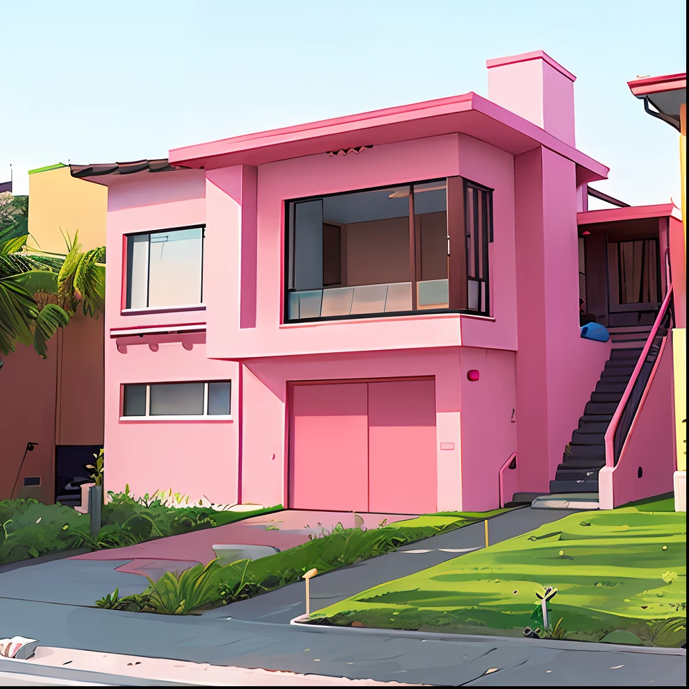 casa colorida com escadas que levam ao segundo andar, concreto rosa, rosa vibrante, em uma casa estilo terra doce, vibe rosa, The walls are pink, algum rosa, esquema rosa, ((Rosa)), esquema de cores rosa, Dayglo Rosa, rosa pastel neon, esquema de cores rosa e preto neon, trabalho de pintura realista, vaporwave mansion, estilo zen rosa, cor vibrante