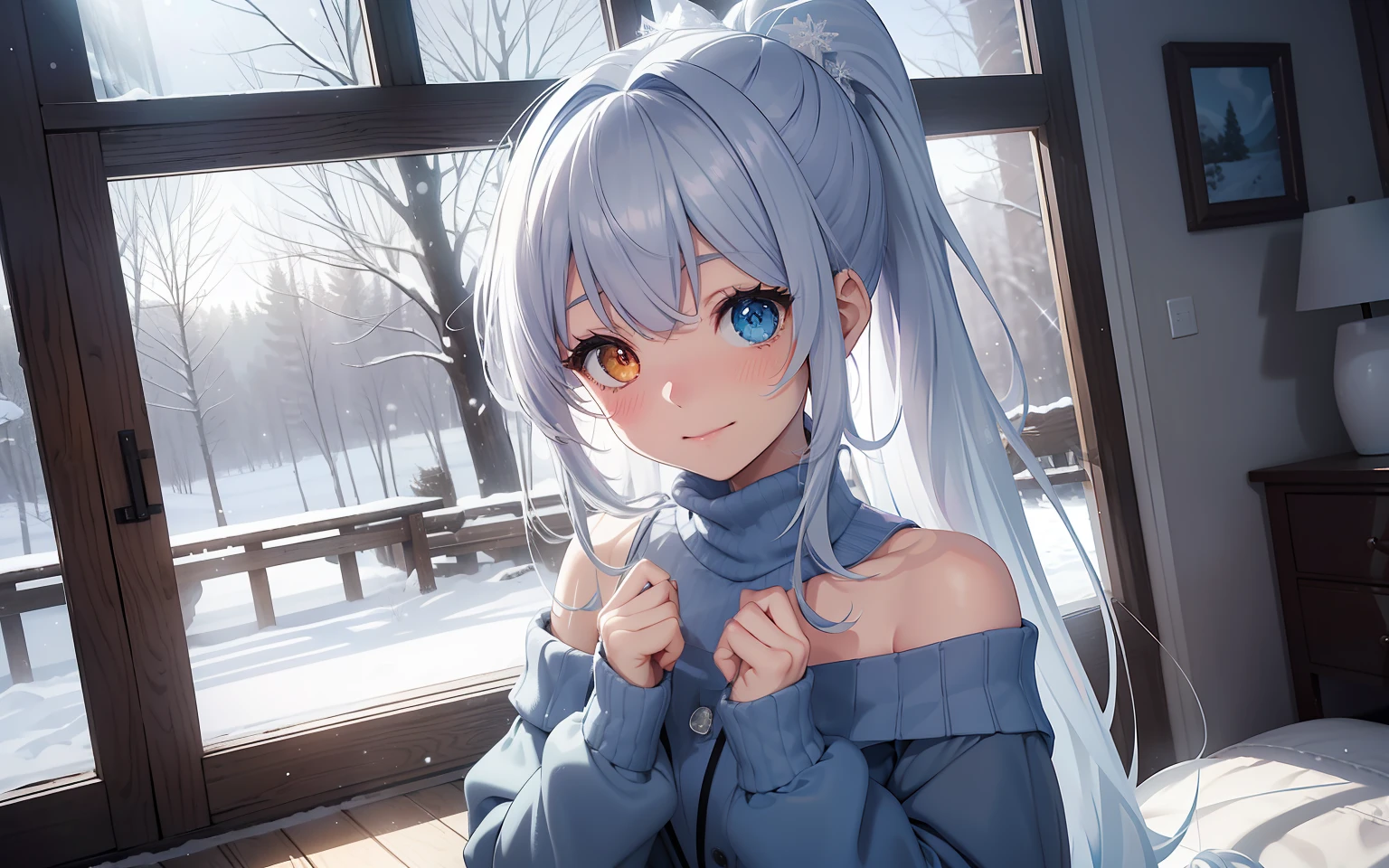 top-quality、Photorealsitic、The ultra-detailliert、Delicate、orderly、High Details、bluish-silver ponytail、(Drooping heterochromia iris:1.3)、Gamine、10yaers old、embarrassed from、A smile、A slender、cowboy shot、blured background、(1 girl in:1.1)、GameCG、dynamic ungle、(radiant eyes:1.2)、Ambient Occlusion、ambient lights、ray trace reflection、Winters、(off-the-shoulder sweater:1.3)、snowscape、Yuki、mont、lake、Sparkling snow、the woods、
Diamond Dust、Scattering of snowflakes、spark of light,Wind,