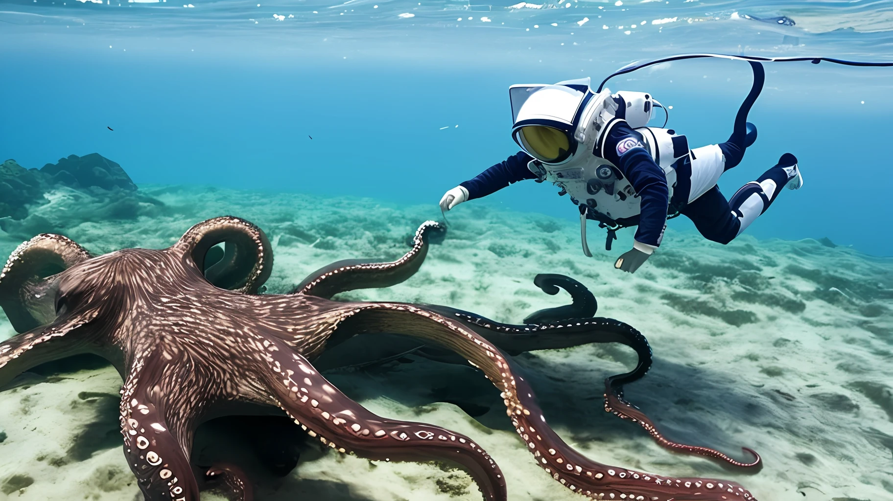 A cat in a spacesuit fights an octopus in the sea