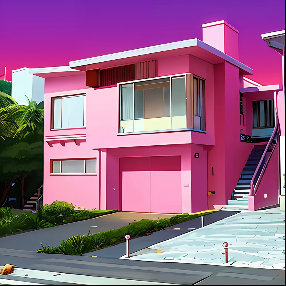 casa colorida com escadas que levam ao segundo andar, concreto rosa, rosa vibrante, em uma casa estilo terra doce, vibe rosa, The walls are pink, algum rosa, esquema rosa, ((Rosa)), esquema de cores rosa, Dayglo Rosa, rosa pastel neon, esquema de cores rosa e preto neon, trabalho de pintura realista, vaporwave mansion, estilo zen rosa, cor vibrante
