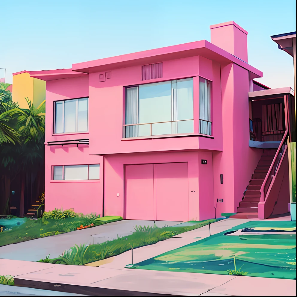 casa colorida com escadas que levam ao segundo andar, concreto rosa, rosa vibrante, em uma casa estilo terra doce, vibe rosa, The walls are pink, algum rosa, esquema rosa, ((Rosa)), esquema de cores rosa, Dayglo Rosa, rosa pastel neon, esquema de cores rosa e preto neon, trabalho de pintura realista, vaporwave mansion, estilo zen rosa, cor vibrante