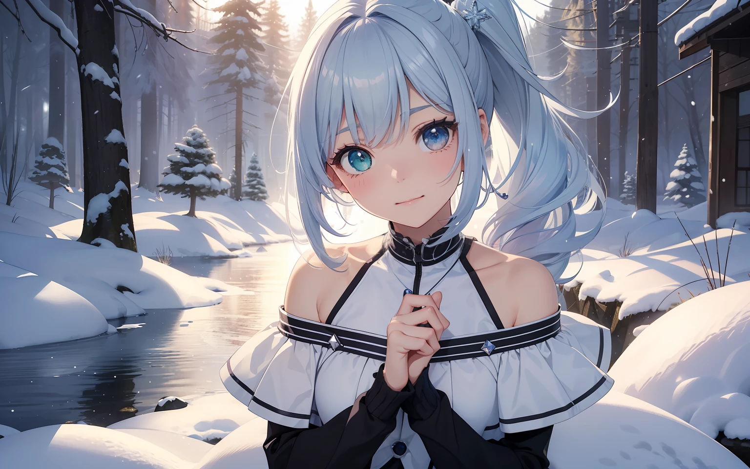 top-quality、Photorealsitic、The ultra-detailliert、Delicate、orderly、High Details、bluish-silver ponytail、(Drooping heterochromia iris:1.3)、Gamine、10yaers old、embarrassed from、A smile、A slender、cowboy shot、blured background、(1 girl in:1.1)、GameCG、dynamic ungle、(radiant eyes:1.2)、Ambient Occlusion、ambient lights、ray trace reflection、Winters、(off-the-shoulder sweater:1.3)、snowscape、Yuki、mont、lake、Sparkling snow、the woods、
Diamond Dust、Scattering of snowflakes、spark of light,Wind,