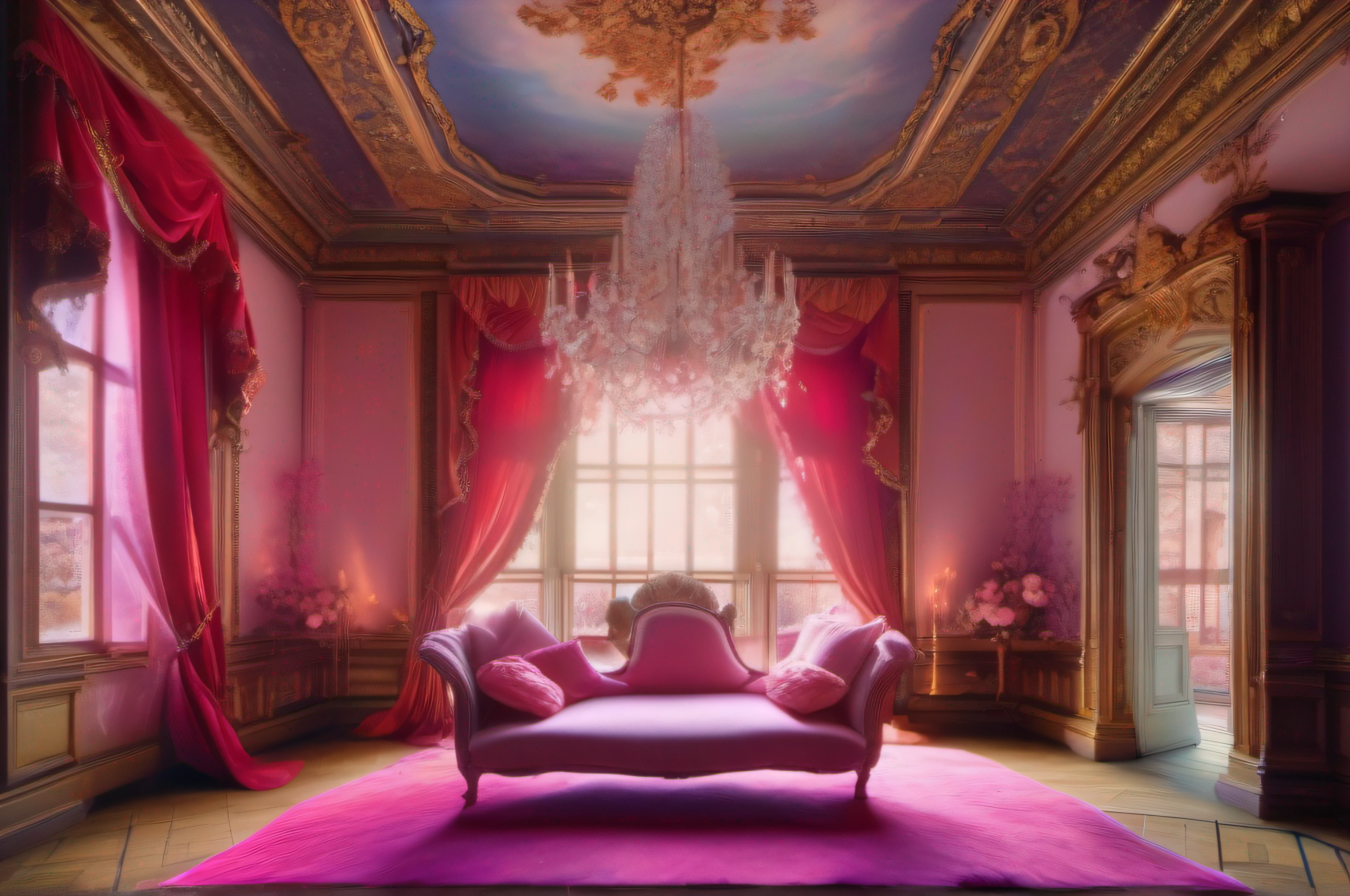 there is a room with a window and a pink carpet on the floor, dreamy atmosphere and drama, miss aniela, abandoned rococo hall, dreamlike atmosphere, beautiful fairy tale depiction, decadent throne room, beautiful atmospheric details, theme romantic, flower bed on the floor, dreamy scene, magical atmosphere + masterpiece, luxurious setting, luxurious baroque rococo setting