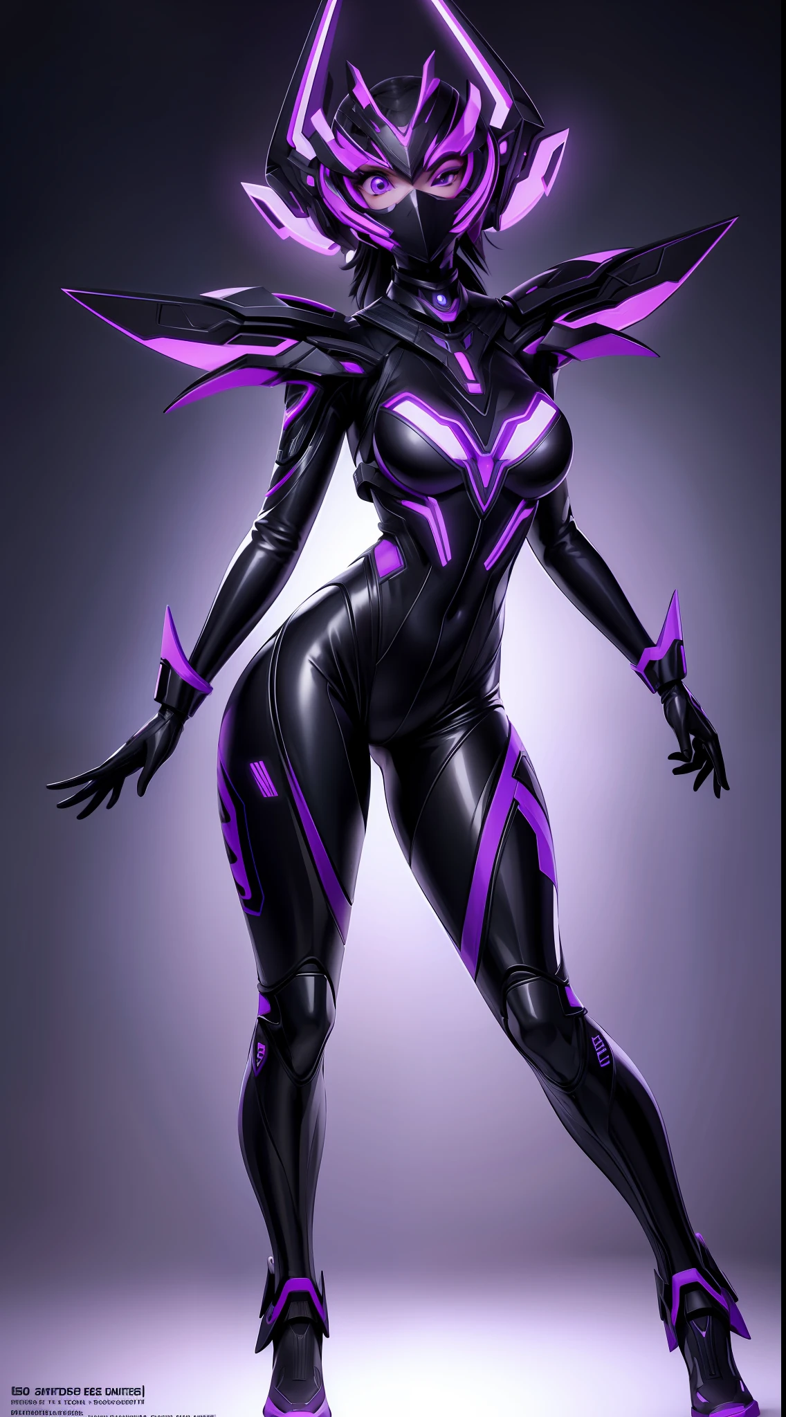 solo, super fine photo, full body picture Unreal Engine 5 8K UHD of a girl, wearing futuristic black and white tight rubber battle suit with, full face mask, futuristic neck collar, purple light details, gloves with purple light detail, best quality, masterpiece, unified 8k wallpaper, super detailed, sharp focus, dynamic pose