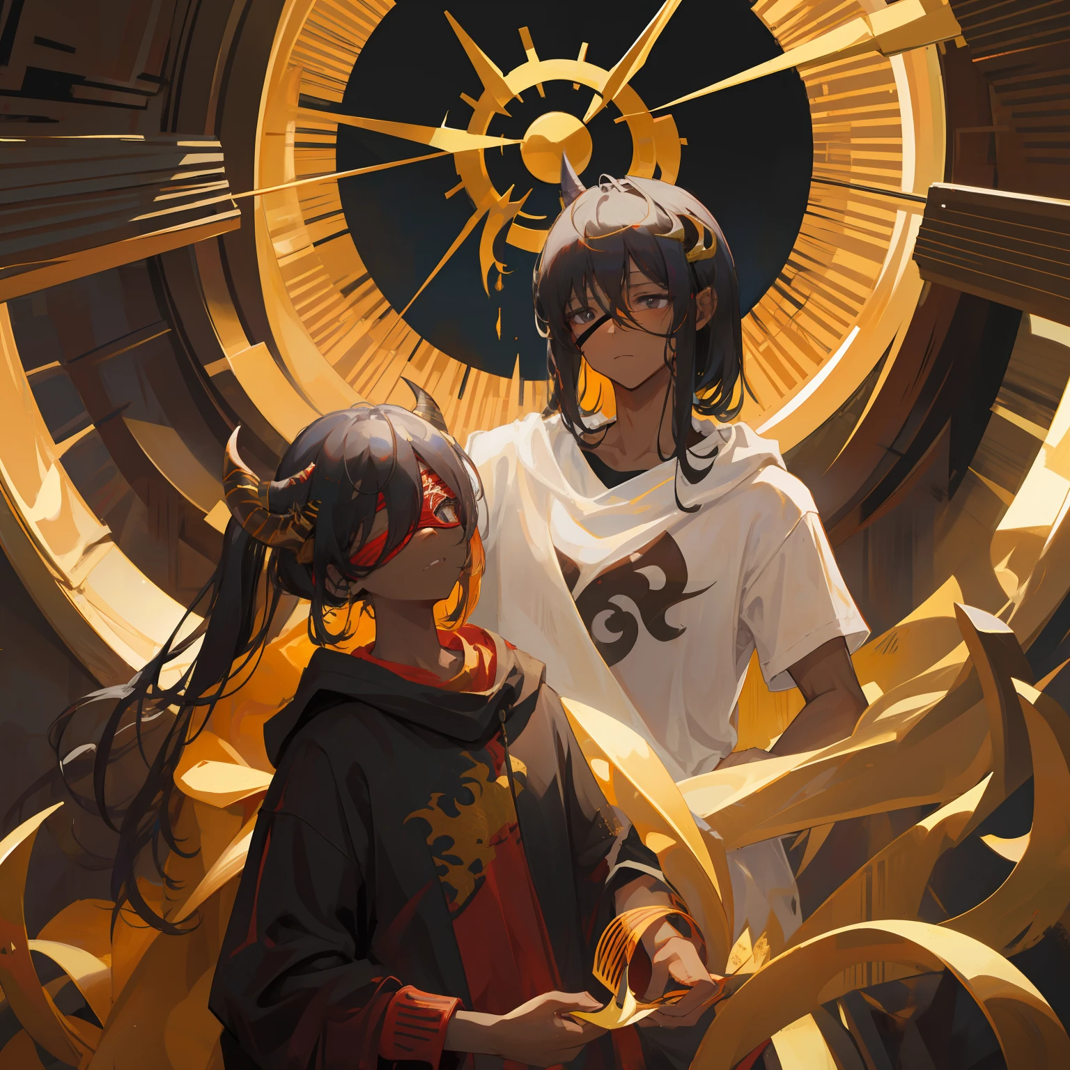masterpiece, best quality,,dark black eyes, black messy hair, golden runes on the body, dragon features, horns, tan skin, caramel skin, black male, blindfold