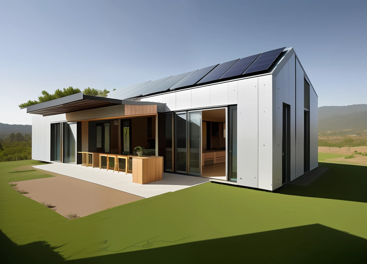 A self-sufficient solarpunk building, altamente detalhado, with solar panels on the roof and walls, design moderno elegante