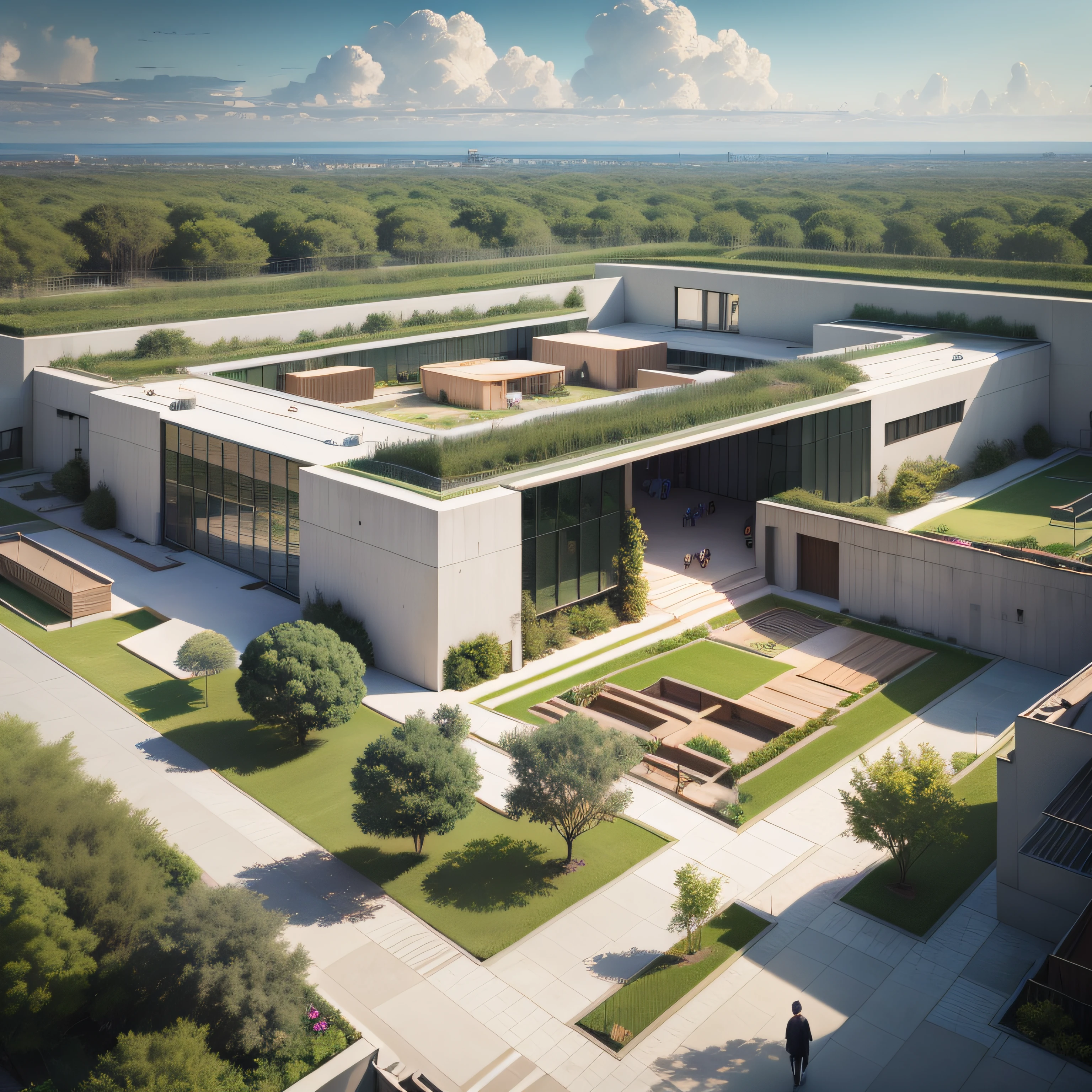 Building intended for a modern ground floor school with large central courtyard and large gardens, exuberante, but undergrowth, trees scattered throughout the space, Construction of modern architecture, hiperealismo, Fantastic architecture, 8K uh