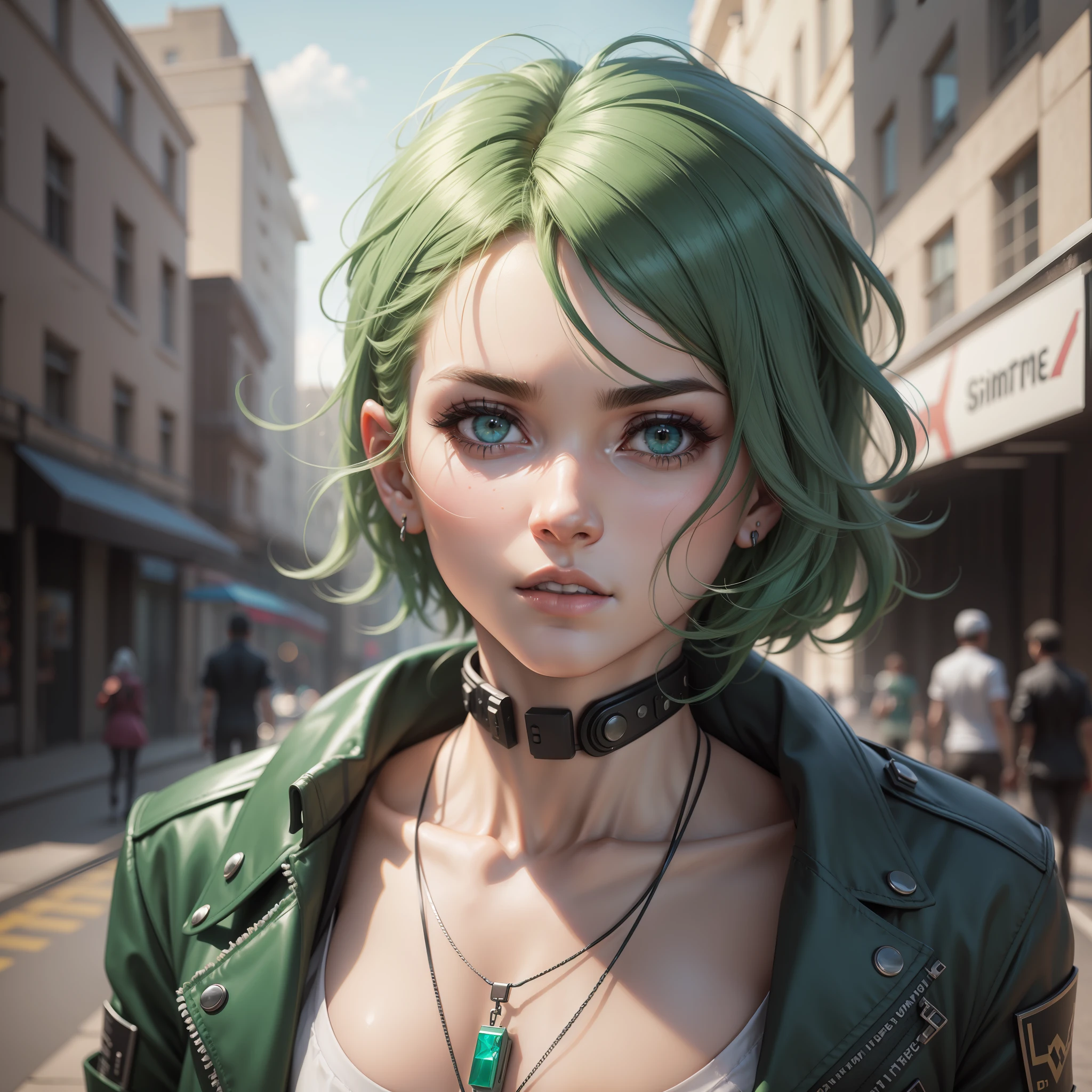 ID da tarefa.:49621207273541 guerreira mulher Cyberpunk linda ,em rua de um cidade futurista, com olhos verdes, cabelo longo colorido, Roronoa Zoro, an anime piece, brincos, rosto, platinum_hair, joias, male_focus, ao ar livre, short_hair, simetric body, retrato, cinematic lighthing, alto contraste, artstation, arte conceito de personagem, 8K, fundo simples, cicatriz sobre um olho