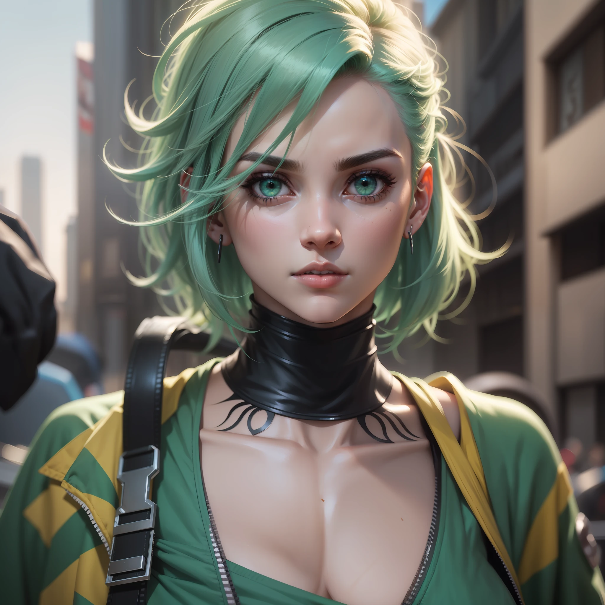 ID da tarefa.:49621207273541 guerreira mulher Cyberpunk linda ,em rua de um cidade futurista, com olhos verdes, cabelo longo colorido, Roronoa Zoro, an anime piece, brincos, rosto, platinum_hair, joias, male_focus, ao ar livre, short_hair, simetric body, retrato, cinematic lighthing, alto contraste, artstation, arte conceito de personagem, 8K, fundo simples, cicatriz sobre um olho