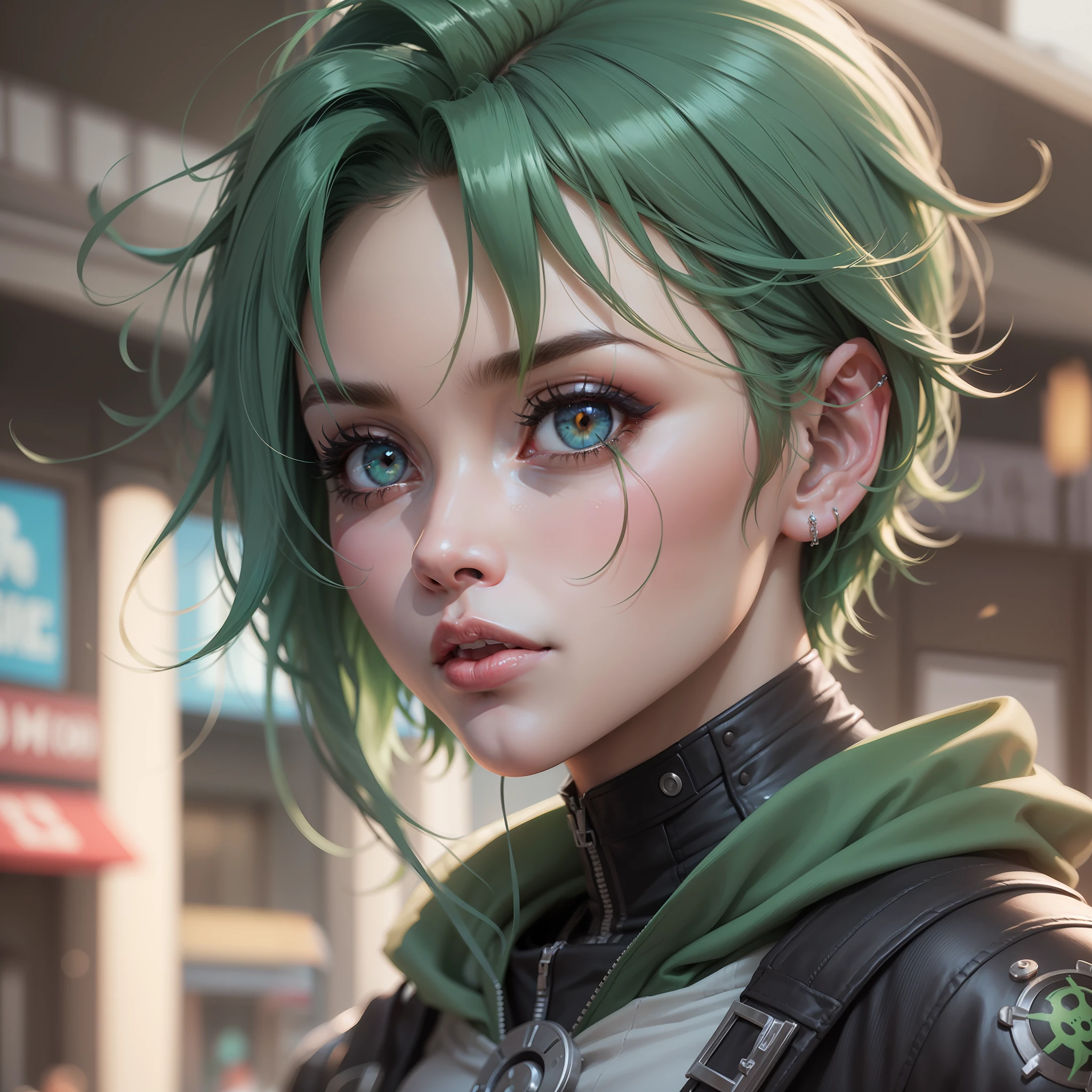 ID da tarefa.:49621207273541 guerreira mulher Cyberpunk linda ,em rua de um cidade futurista, com olhos verdes, cabelo longo colorido, Roronoa Zoro, an anime piece, brincos, rosto, platinum_hair, joias, male_focus, ao ar livre, short_hair, simetric body, retrato, cinematic lighthing, alto contraste, artstation, arte conceito de personagem, 8K, fundo simples, cicatriz sobre um olho