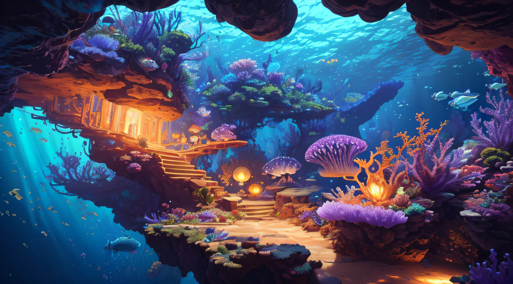 ((perspective)) microscopic world, vista, underwater fantasy,((masterpiece)), best quality, high quality, ((extremely detailed CG unity 8k wallpaper)),(fantasy), complex background, underwater fantasy world, fish school, Glowing jellyfish, colorful, (abyss)), staggered stone platforms in the abyss, glowing undersea plants, 3D digital painting, award winning photography, bokeh, depth of field, HDR, chromatic aberration, photorealistic, extremely detailed, artstation Trends on CGsociety, Intricate, High Detail, dramatic, art by midjourney, --v 6