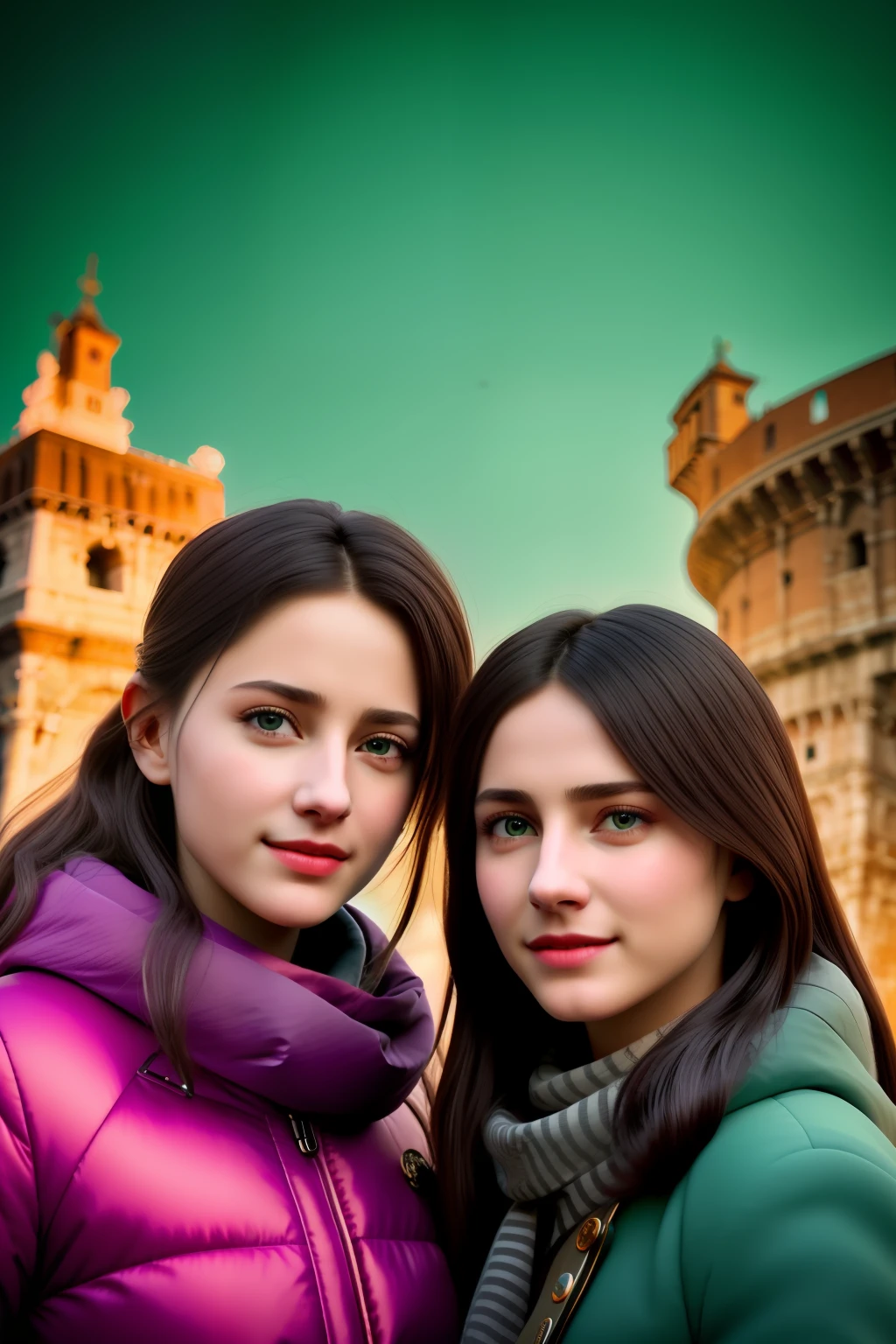 best quality, ultra high res, detailed face, realistic face,RAW photo,2girls,duo,navel,(on the Castel Sant'Angelo of Rome,crowd,winter,Snow),(cheerful, energetic, happy:1.4), green eyes, hair small clip with ladybug,
(hdr:1.4), dramatic, complex background, cinematic, filmic, (rutkowski, artstation:0.8),
insane details, intricate details, hyperdetailed, low contrast, soft cinematic light, exposure blend, hdr ,