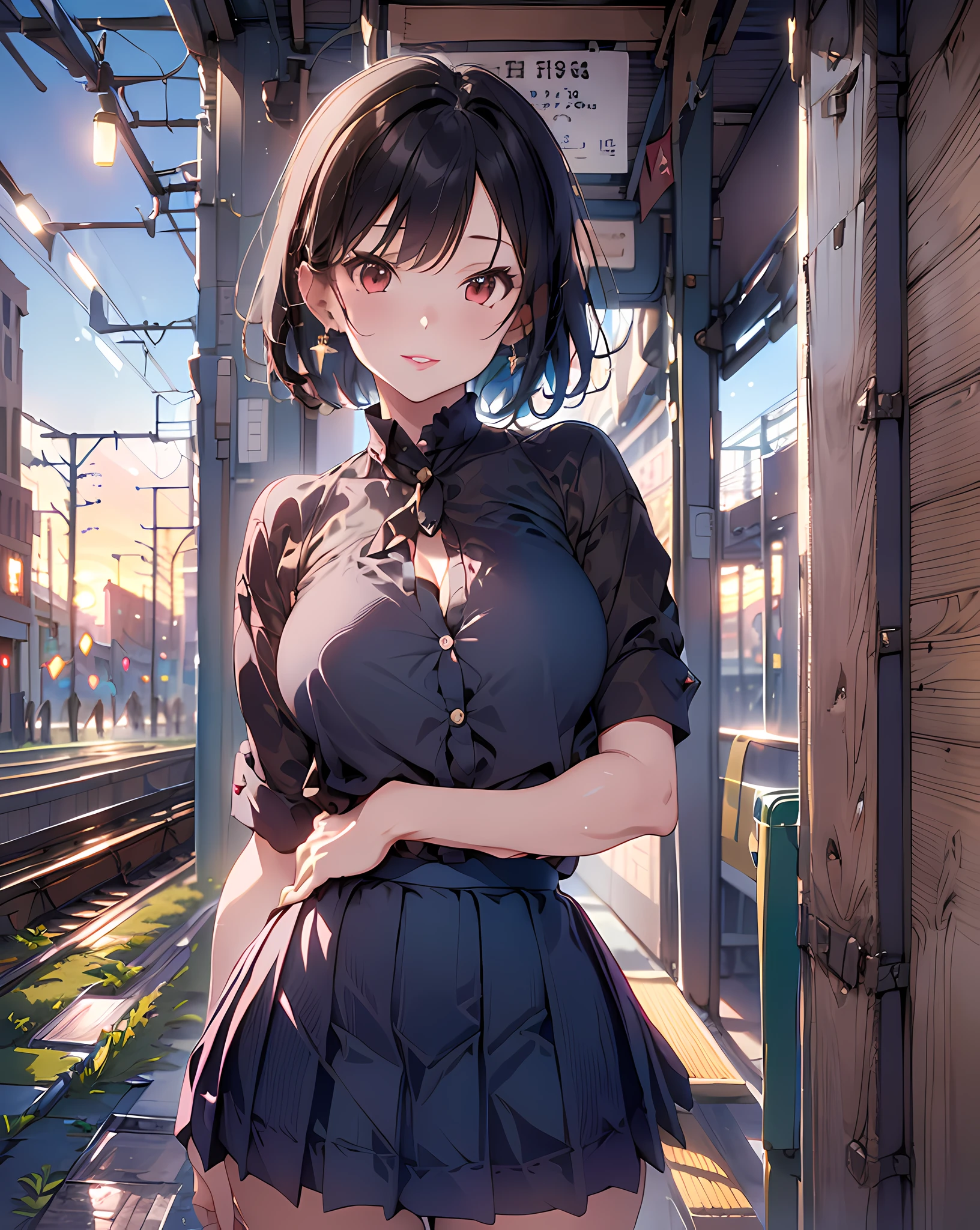 (((Head out of frame:1.5, close-up lips:1.5))), (masterpiece, best quality:1.37), highres, ultra-detailed, ultra-sharp, BREAK, Korean school idol, (((1girl:1.37, solo))), (beautiful anime face, cute face, detailed face), (black hair, thin hair, short hair, bangs, hime-cut), detailed beautiful cyan eyes, BREAK, ((detailed blue satin blouse:1.5, cleavage cut-out, open shirt), (detailed short box skirt:1.5)), BREAK, lovely look, water melon earing, detailed clothes), light smile, closed mouth, parted lips, pink lipstick, BREAK, ((standing, arms behind back,:1.3, cowboy shot)), detailed human hands, HDTV:1.2, ((detailed sunset NY downtown in the train view background:1.3)), 8 life size, slender, anime style, anime style school girl, perfect anatomy, perfect proportion, inspiration from Kyoto animation and A-1 picture, late evening, excellent lighting, bright colors, clean lines, photorealistic