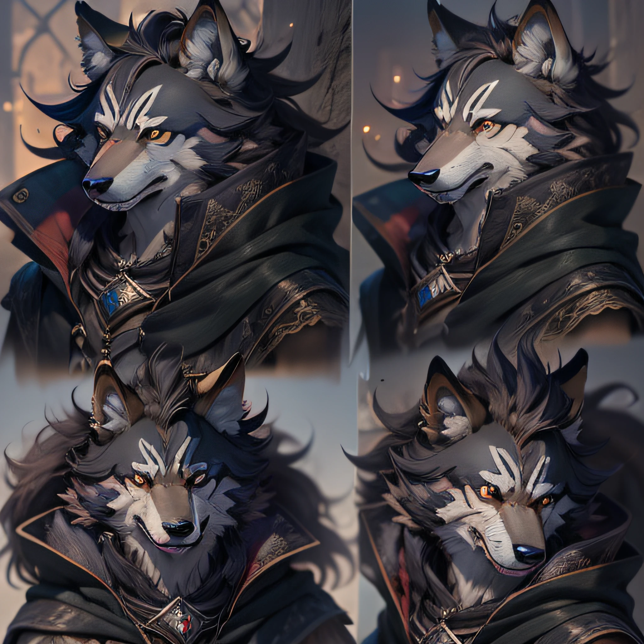Black cloak,ruanjia,Pinodini,darkgem,dimwitdog,Muscular male wolf Anthro,(Detail face),(Details fluffy fur