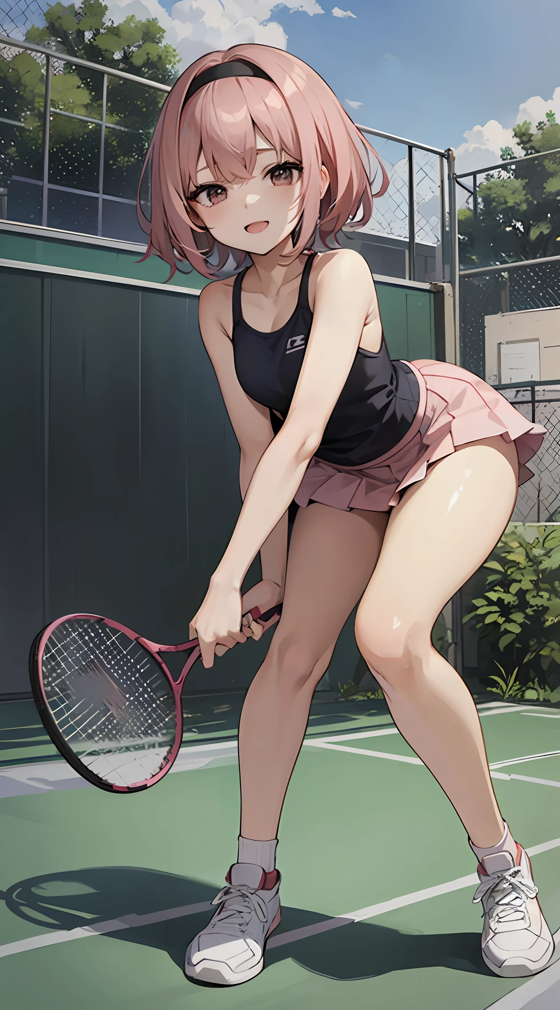 Inside the tennis court、Pink hair、Tennis Uniforms、Black Hair Band、Smile with open mouth、Shorthair、outside of house、Daytime、Sports Bags