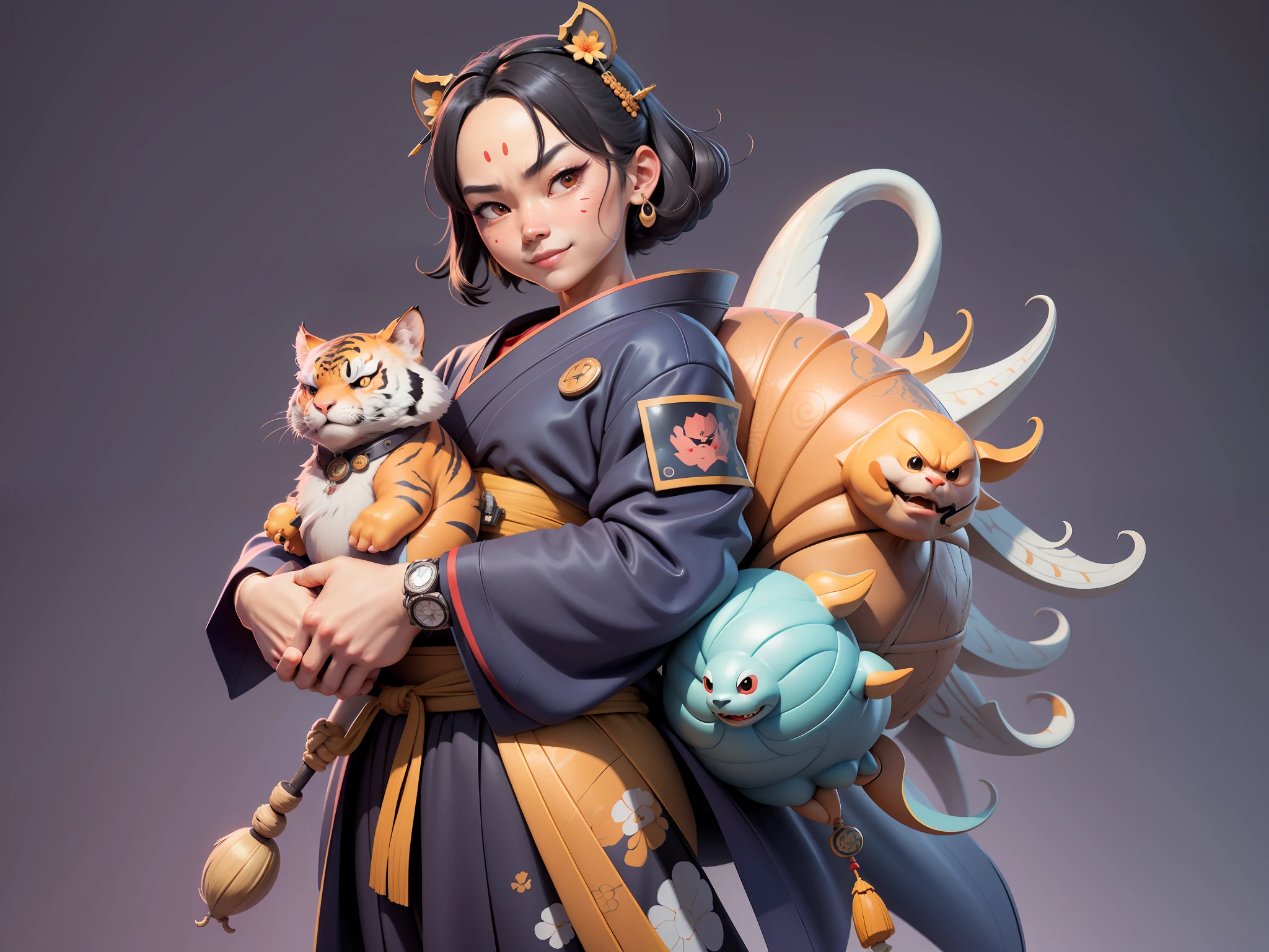 (Daisaku),(Need),(Super meticulous),(full bodyesbian:1.2),Japanese ukiyo-e girl,japanese geisha,Beautiful,Oriental dragon,one tiger,Aeolian Thor,Raised sexy,爆乳,Oriental face,TV Anchor,Bust portrait illustration,Alone,In black suit,a blue tie,The face is slightly chubby,The face was clean,without a beard,Black super short hair,Black eyes,Smile confidently,3C computer sub-products,iPad, iphone,Digital painting,3D character design by Mark Clairen and Pixar and Hayao Miyazaki and Akira Toriyama,The illustration is a high-definition illustration in 4K resolution,With very detailed facial features and cartoon-style visuals。