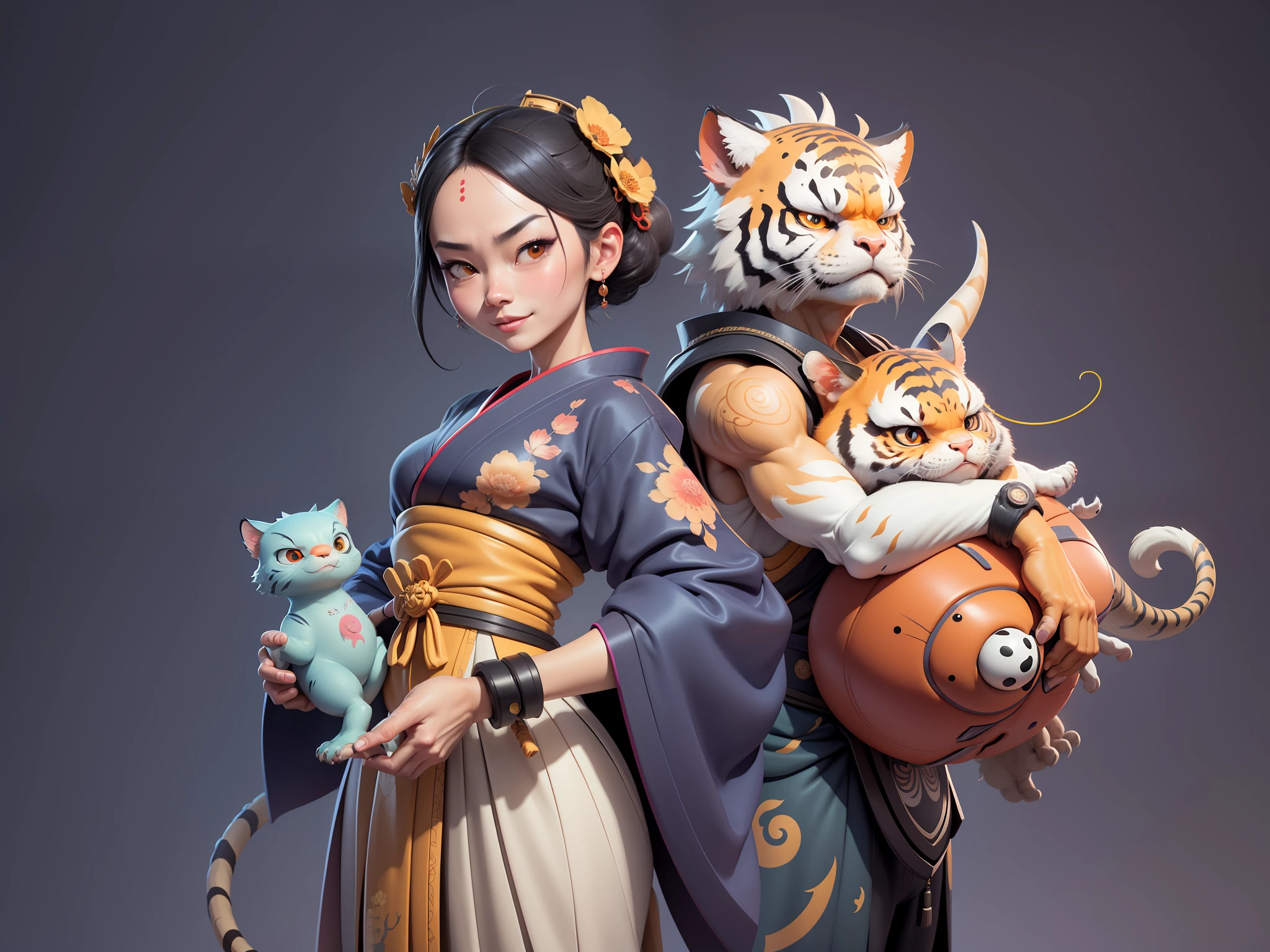 (Daisaku),(Need),(Super meticulous),(full bodyesbian:1.2),Japanese ukiyo-e girl,japanese geisha,Beautiful,Oriental dragon,one tiger,Aeolian Thor,Raised sexy,爆乳,Oriental face,TV Anchor,Bust portrait illustration,Alone,In black suit,a blue tie,The face is slightly chubby,The face was clean,without a beard,Black super short hair,Black eyes,Smile confidently,3C computer sub-products,iPad, iphone,Digital painting,3D character design by Mark Clairen and Pixar and Hayao Miyazaki and Akira Toriyama,The illustration is a high-definition illustration in 4K resolution,With very detailed facial features and cartoon-style visuals。