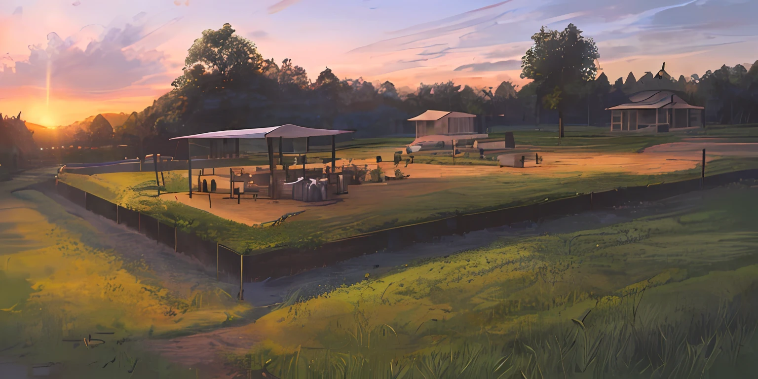 (((melhor qualidade)),blue_sky, arbusto, nuvem, dia, campo, floresta, grama, colina, evento de esportivo radical, gazebos de espositores, montanha, natureza, on_grass, ao ar livre, aberto, caminho, planta, power_lines, estrada, ruins, paisagem, heaven, sun sunset, tree, twilights, utility_pole