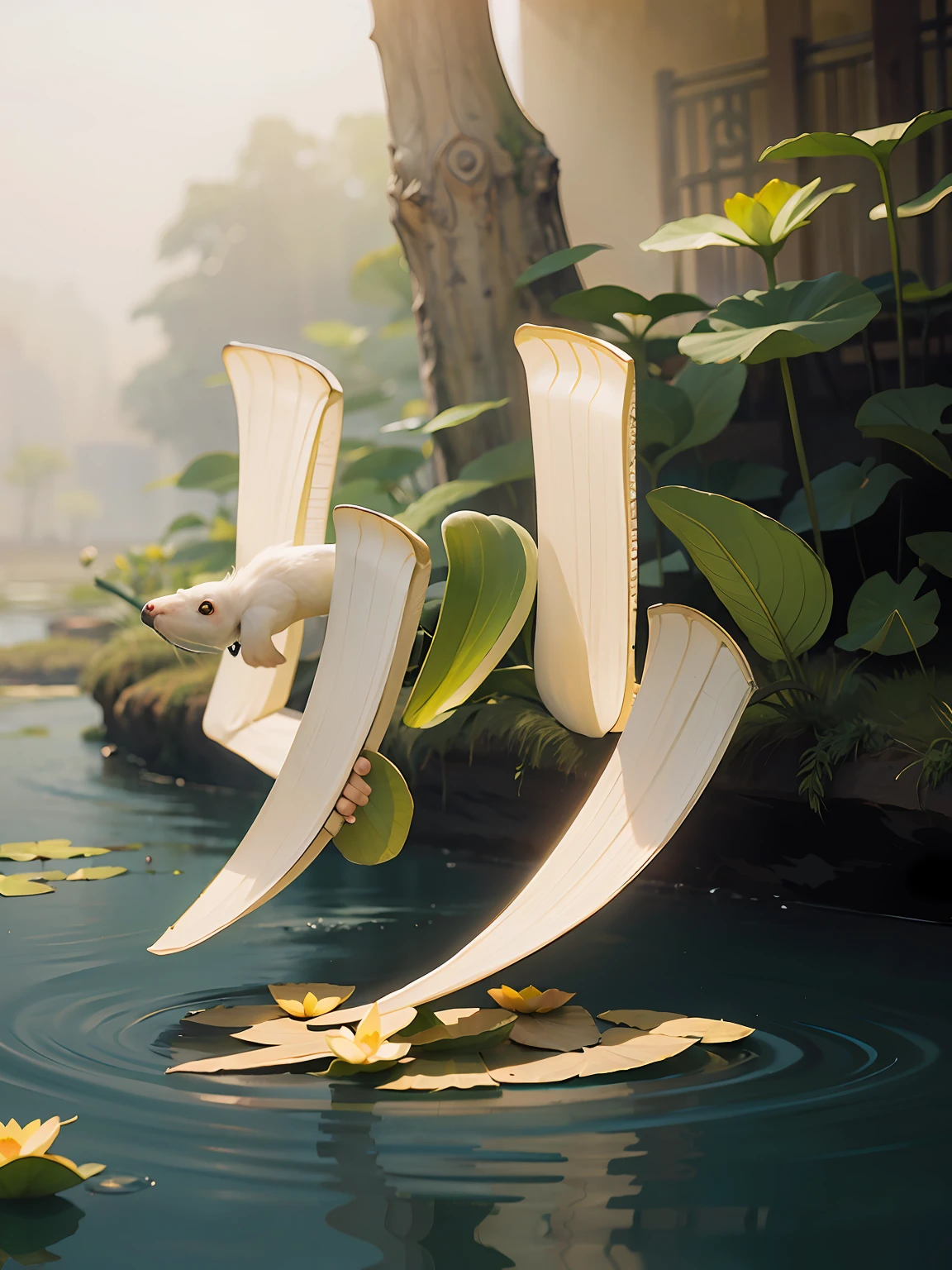 lotuses,Pavilion,Lotus leaf,Beautiful,Riverside,Small bridge,Highest image quality
