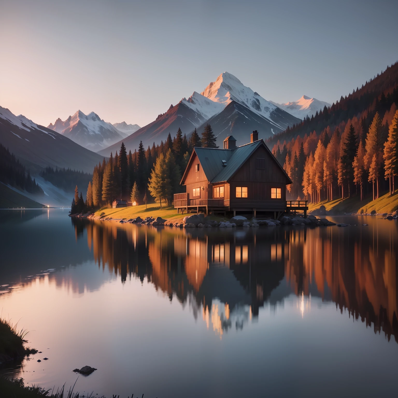 A beautifully tranquil scene in the style of Claude Monet, a fisherman's hut is nestled beside a pristine lake under a twilight sky. The setting exudes a serene vibe in the extreme close-up, with its meticulous brushwork details. The composition's long shot mirrors the peaceful and expansive environment, reminiscent of untouched landscapes in National Geographic, captured in 8K for the utmost detail