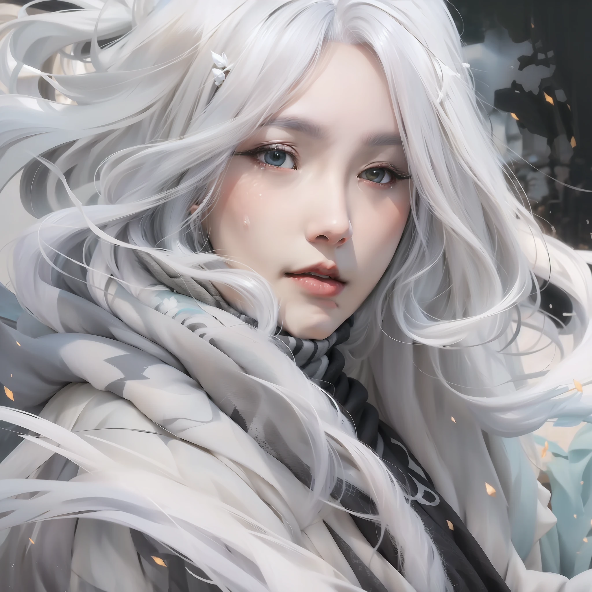 a close up of a woman with a white hair and a black scarf, a character portrait by Yang J, pixiv contest winner, fantasy art, white haired deity, beautiful character painting, artwork in the style of guweiz, the piercing stare of yuki onna, guweiz, with white long hair, with long white hair, flowing hair and long robes