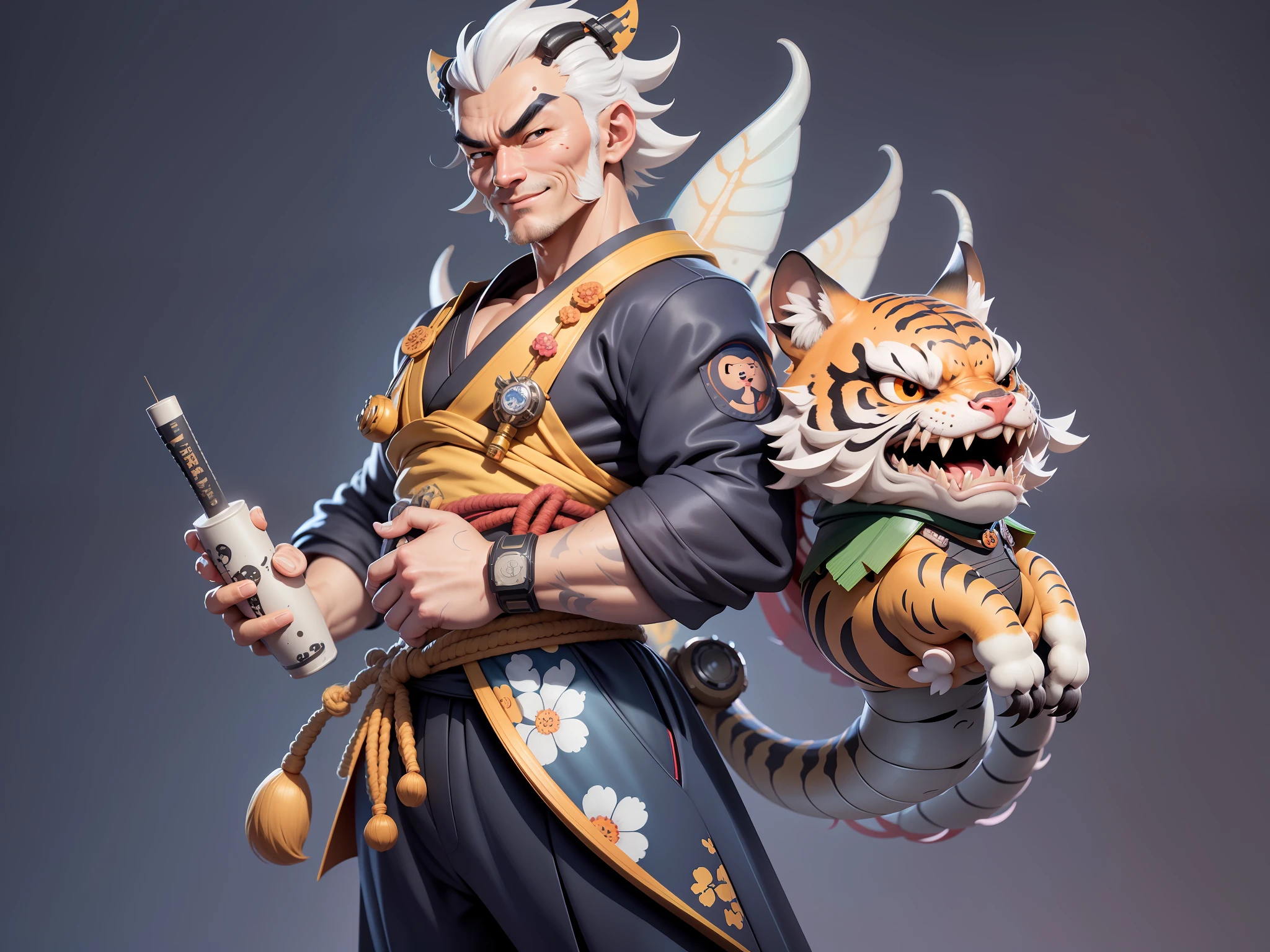 (Daisaku),(Need),(Super meticulous),(full bodyesbian:1.2),Japanese ukiyo-e girl,japanese geisha,Beautiful,Oriental dragon,one tiger,Aeolian Thor,Raised sexy,爆乳,Oriental face,TV Anchor,Bust portrait illustration,Alone,In black suit,a blue tie,The face is slightly chubby,The face was clean,without a beard,Black super short hair,Black eyes,Smile confidently,3C computer sub-products,iPad, iphone,Digital painting,3D character design by Mark Clairen and Pixar and Hayao Miyazaki and Akira Toriyama,The illustration is a high-definition illustration in 4K resolution,With very detailed facial features and cartoon-style visuals。