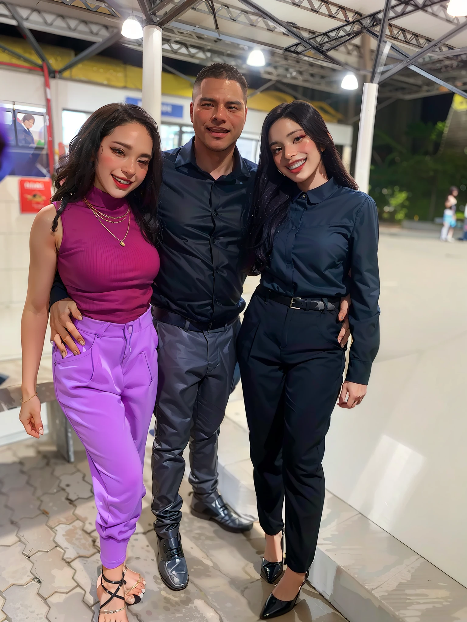 three people standing next to each other in a building, taken in 2 0 2 0, modeling for dulce and gabanna, profile image, by david rubín, taken in the early 2020s, 🔞🤡, smooth in _ the background, with two characters, profile picture, smooth in the background, profile photo, by Fernando Gerassi