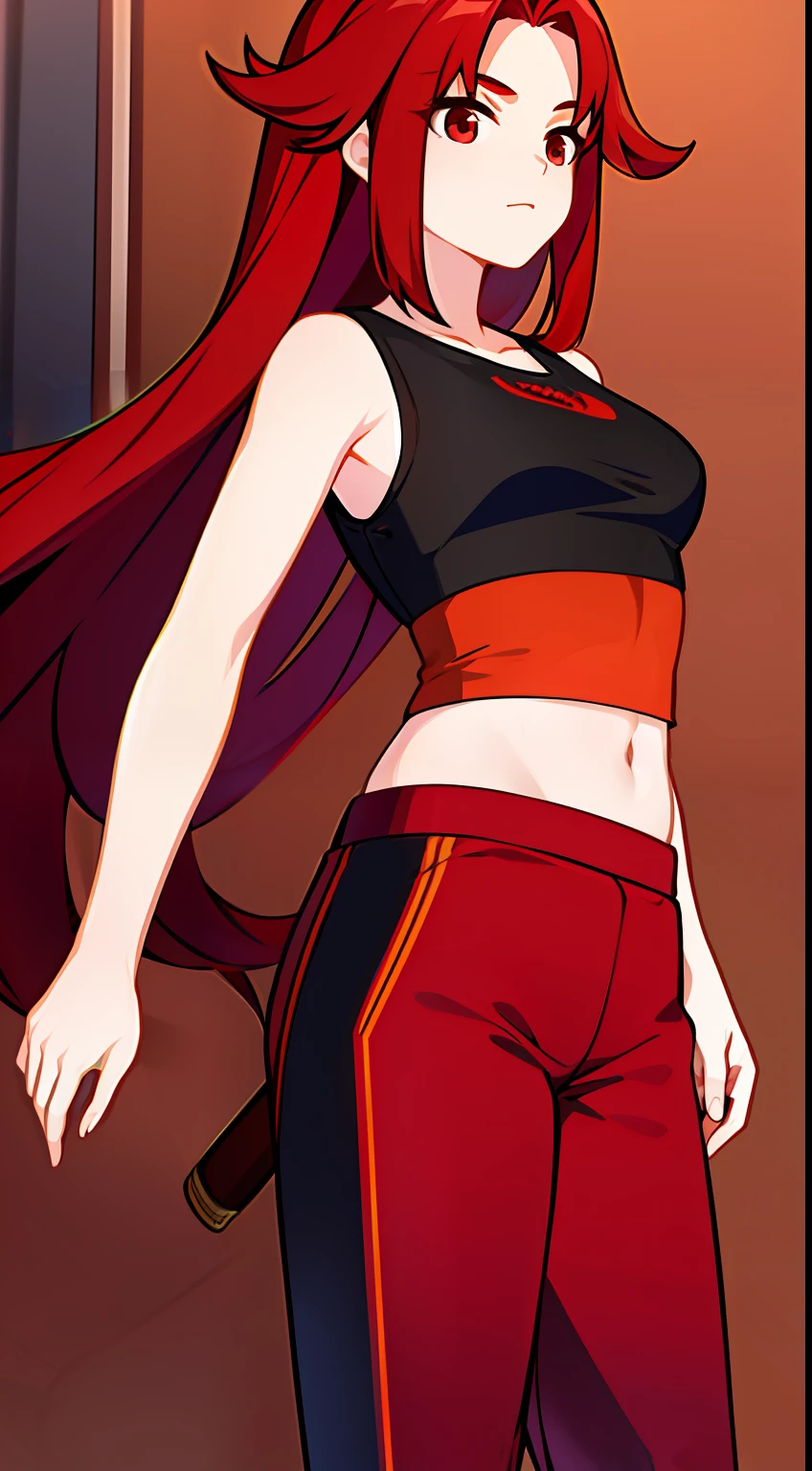 young girl, Long red hair, Brown eyes, sleeveless T-shirt, open belly, camouflaged pants, Katanas, Masterpiece, hiquality