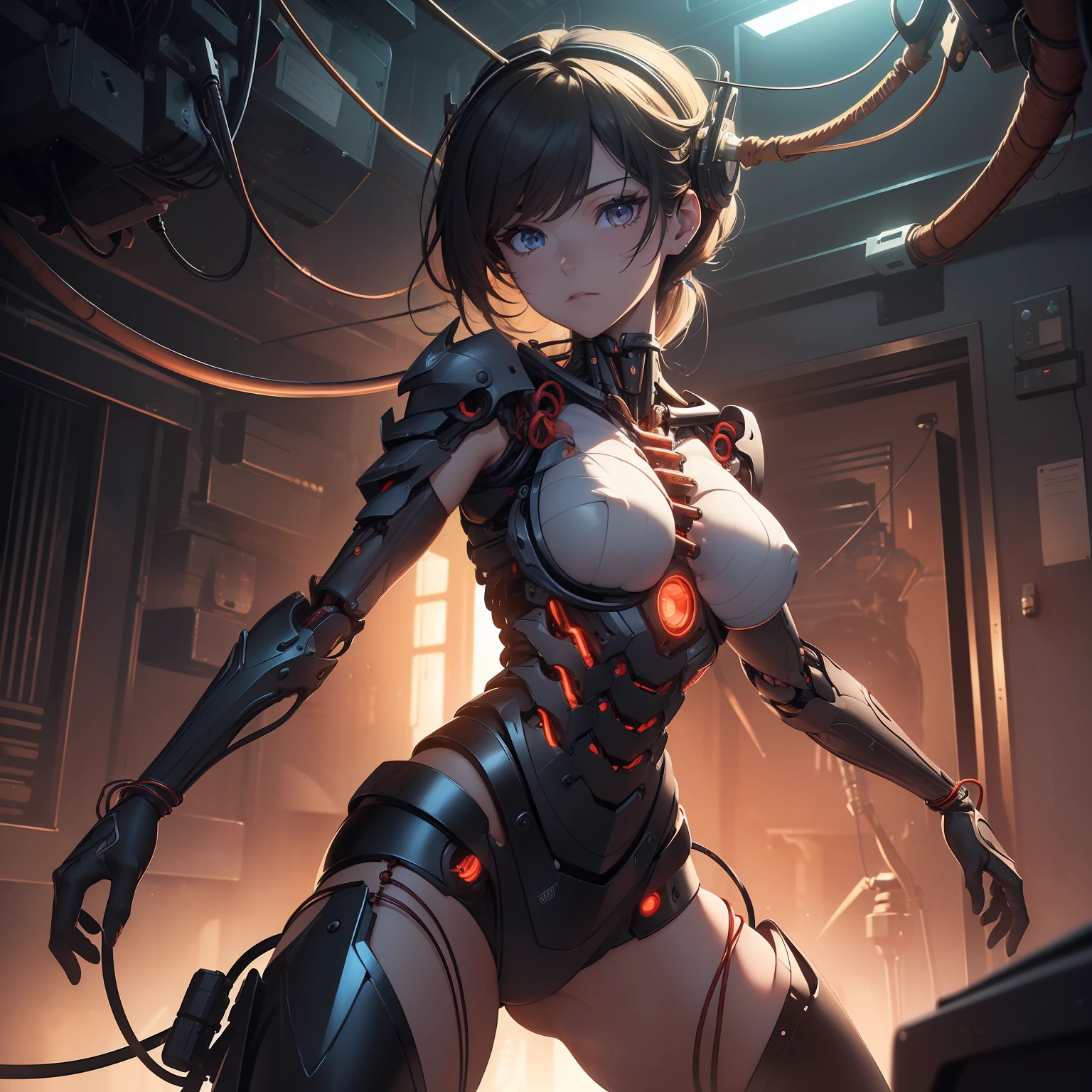 (((masterpiece))), ((best quality)), ((ultra-detailed)), (CG illustration), (an extremely devious and beautiful)), cinematic light, ((1 mechanical girl)), single, full, (machine-made joints: 1.4), ((mechanical limb)), ( blood vessels attached to the tube), ((mechanical spine attached to the back)), ((mechanical cervical vertebrae attached to the neck), ((combat stance)), expressionless, (wires and cables attached to the head and body: 1.5), (character focus), science fiction, apocalypse, glow