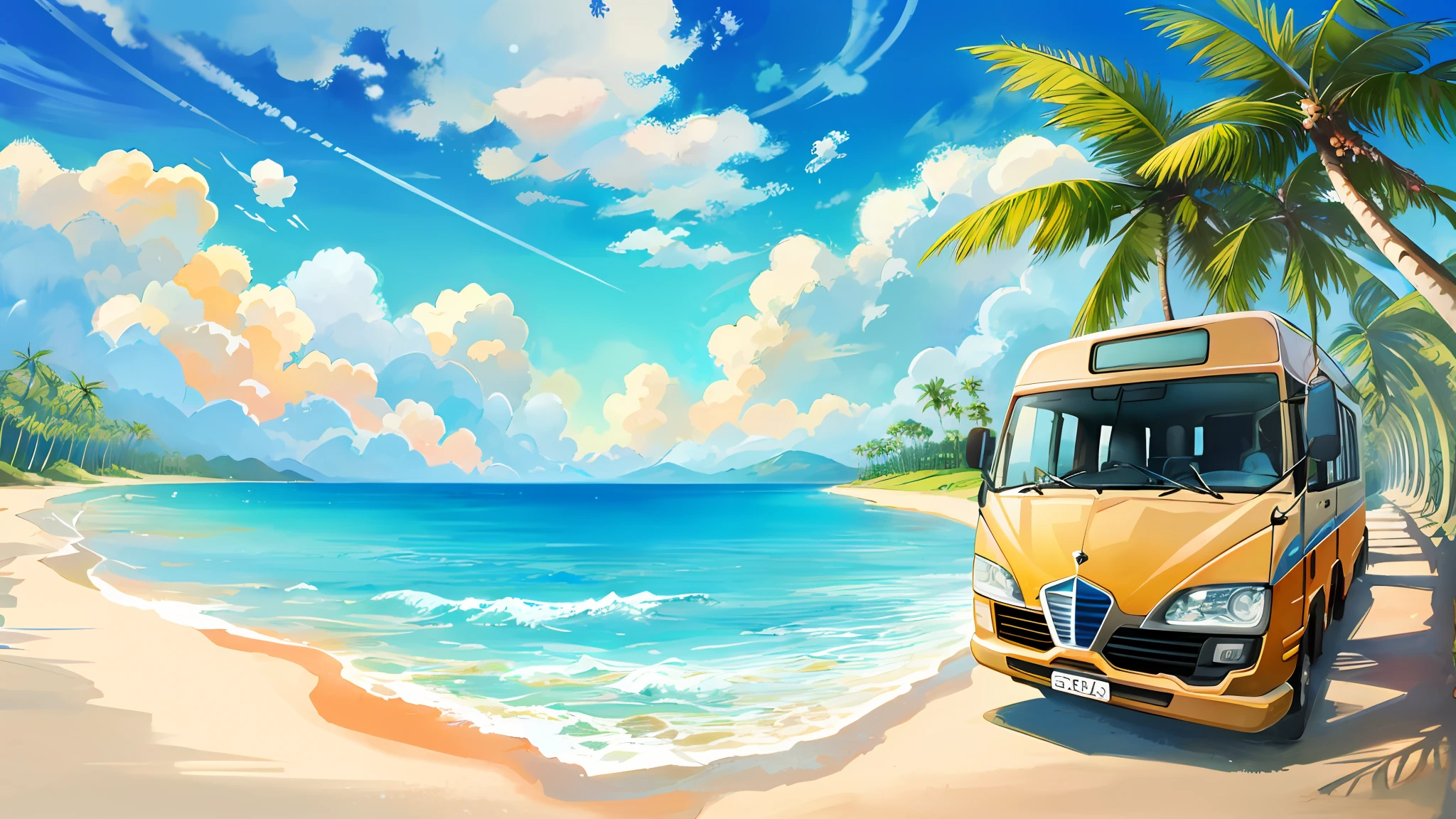 Ultra-high definition 2D art, 2D animation style, soft and delicate depiction, attention also on the bus, landscape mode, masterpieces by A bus traveling on a beautiful coastal road with coconut trees in Sri Lanka, children and people playing on the beach, people playing water sports in the sea, this picture is especially for a business card background.