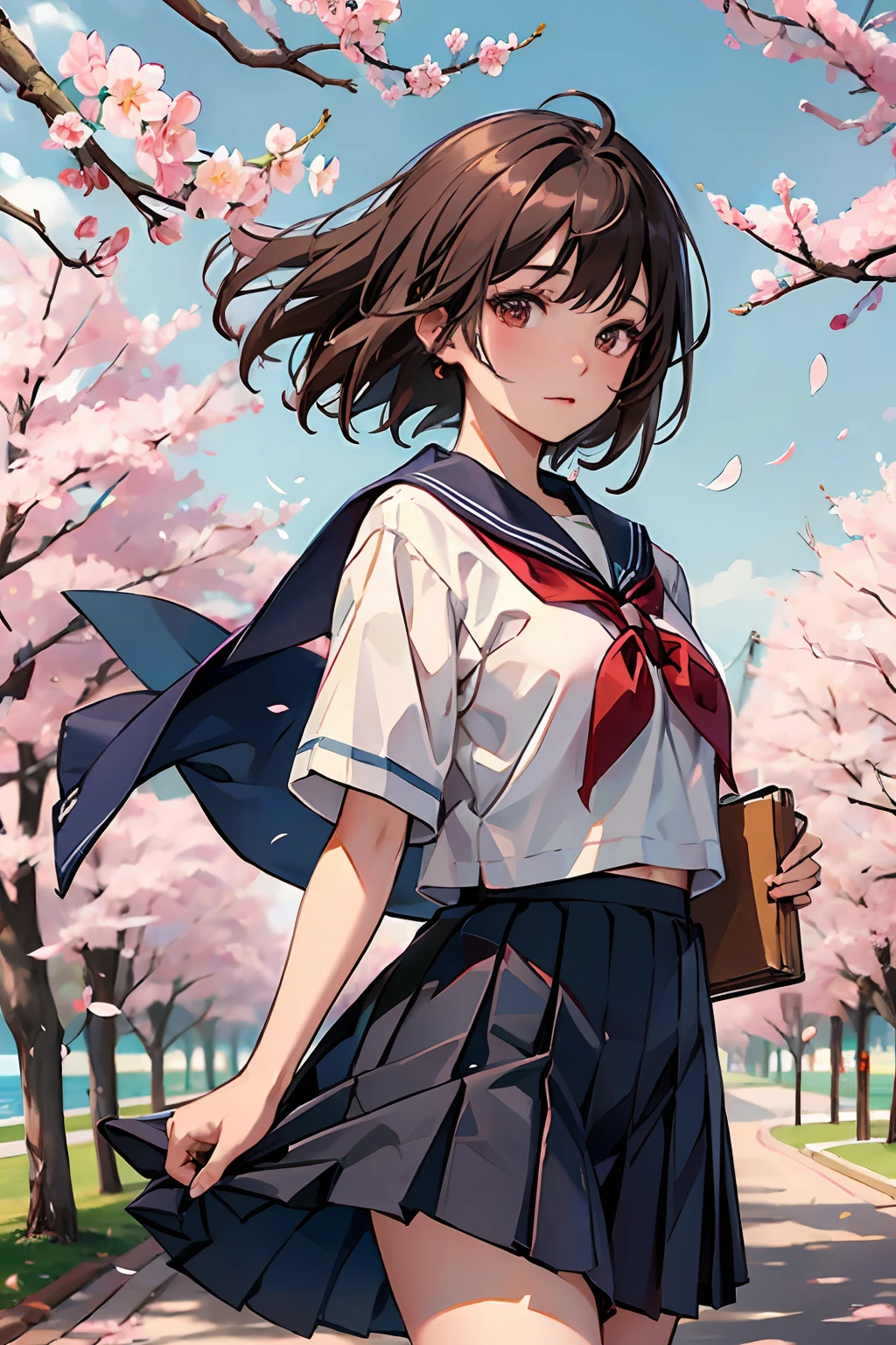 masterpiece、top-quality、cherry trees、Sakura blizzard、heavy wind、Commemorative photo、High school students、a sailor suit、Skirt Hold Down、2guys、A dark-haired、Brown hair、Skirt short、sox、lowfers、graduation、trouble、shout out、