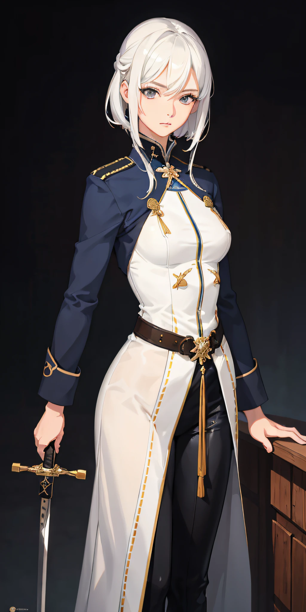 1girl, cabelos brancos, olhos azuis, retrato, Realistic, Panos militares, Espada nas costas, Rosto detalhado, (Onsen), side-lighting, papel de parede, roupas apertadas