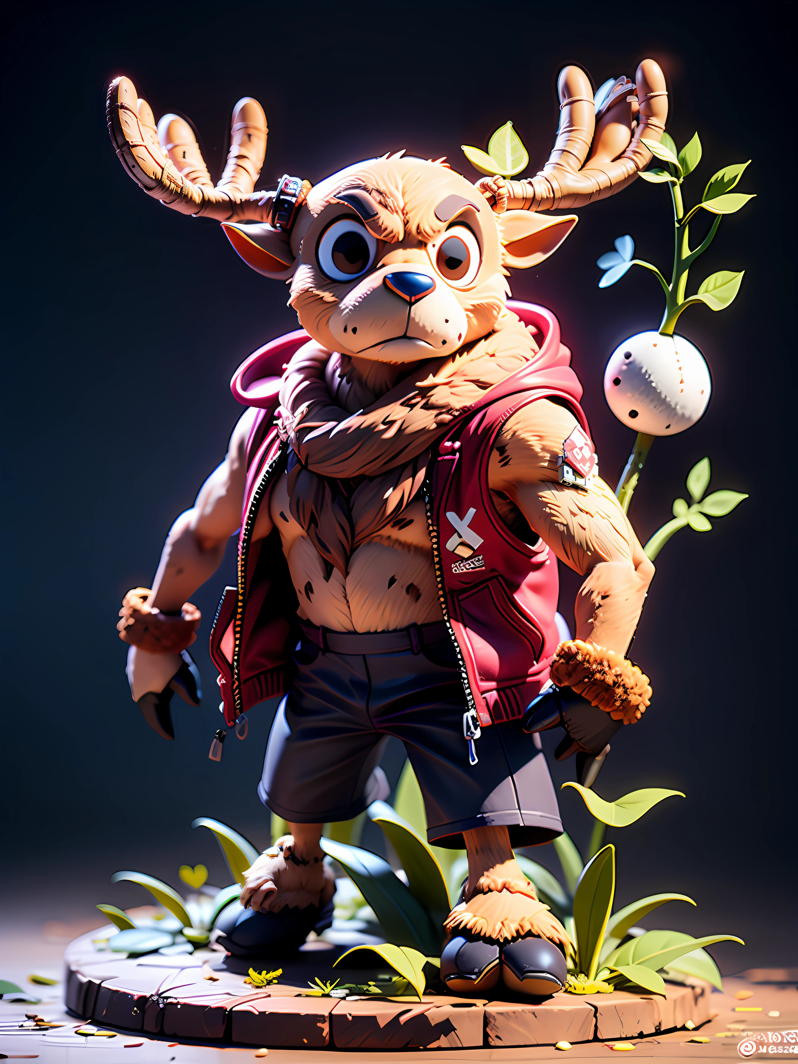 masterpiece, best quality, ultra-detailed, chopper, muscular furry deer, 1boy, solo, Full body, wearing suits, detailed face, day, full body, male focus, perfect hands, chibi style, figure, action figure