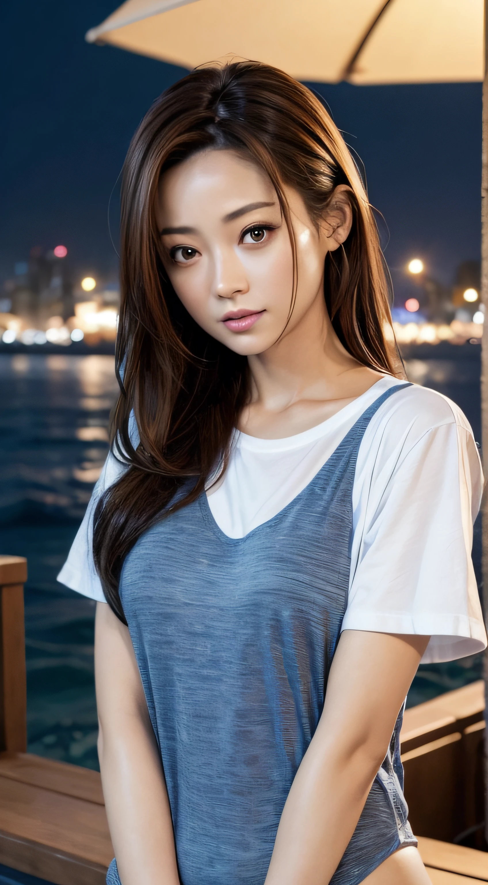 doress、(Photorealsitic:1.4)、(hyper realisitic:1.4)、(realisitic:1.3)、(Smooth lighting:1.05)、(Improved lighting quality in movies:0.9)、32K、1girl in、20 years girl、Realistic lighting、Back lighting、Facial light、raytrace、(brightened light:1.2)、(enhanced quality:1.4)、(Top quality real texture skins:1.4)、finely eye、finerly detailed face、Fine quality eye、(Tired, sleepy and satisfied:0.0)、 close up of face、tshirts、(enhance body line mood:1.1)、(Increase the beauty of skin texture:1.1)、((Aya Ueto))、the beach、swim wears、Dubai、harbour、nighttime scene