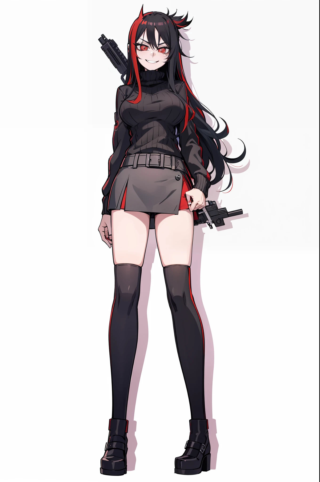 multicolored hair, long black hair, red pupils, 1girl, cute, smug, smile, black sweater, short skirt, big breasts, thigh high, weapon, gun